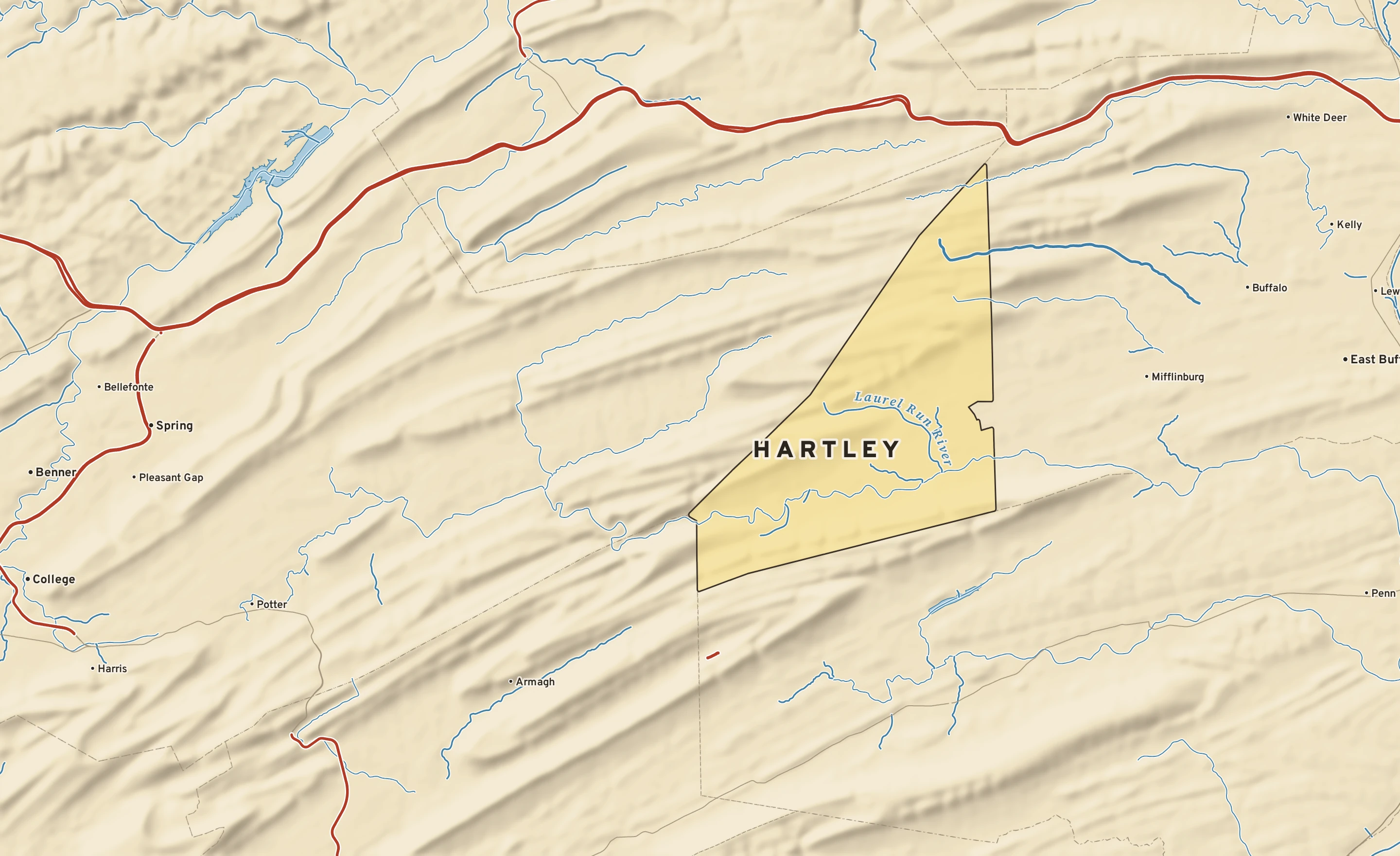 Shaded-relief atlas plate of Hartley, Pennsylvania: rivers, roads, the city limits and where the water drains.