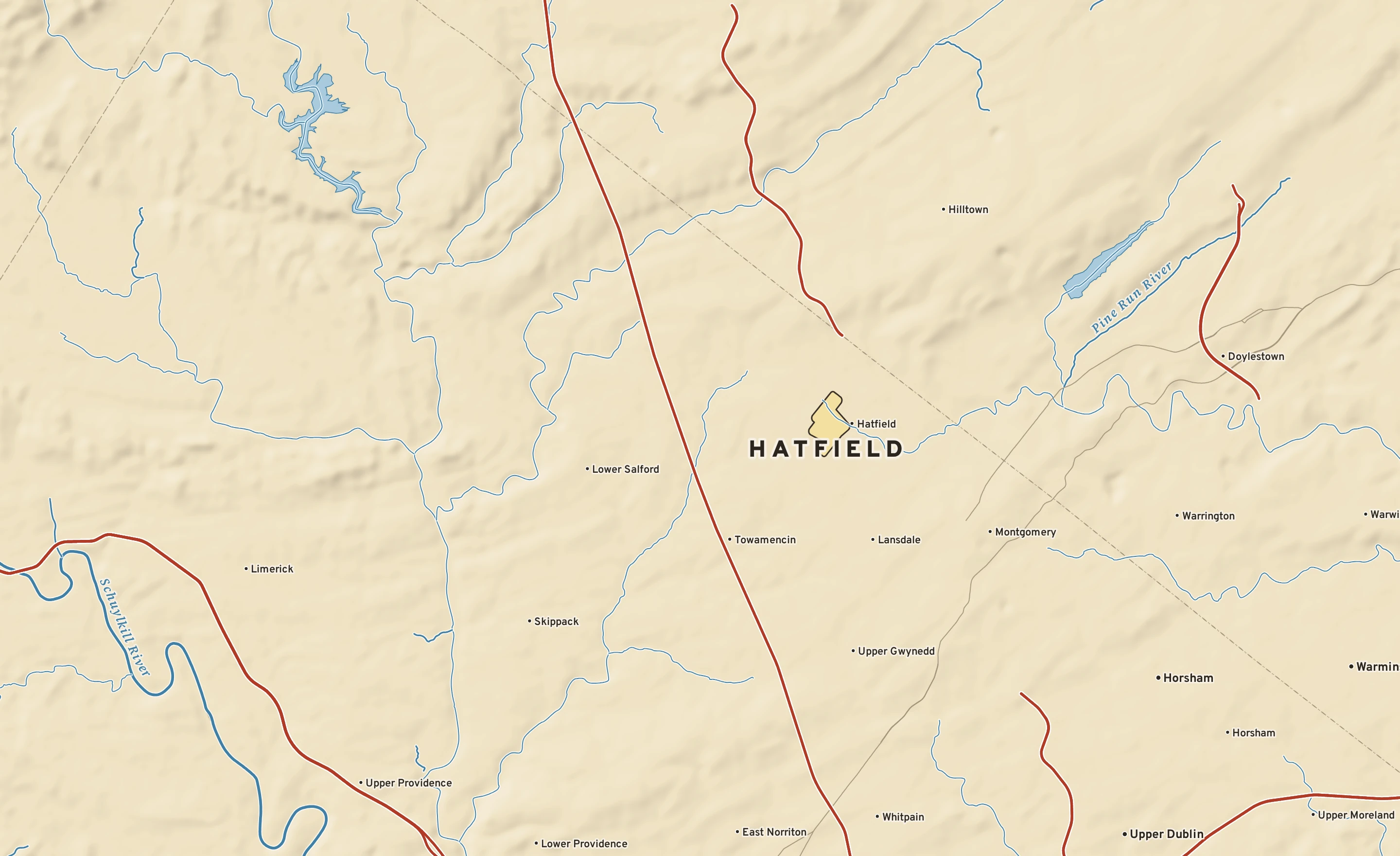 Shaded-relief atlas plate of Hatfield, Pennsylvania: rivers, roads, the city limits and where the water drains.