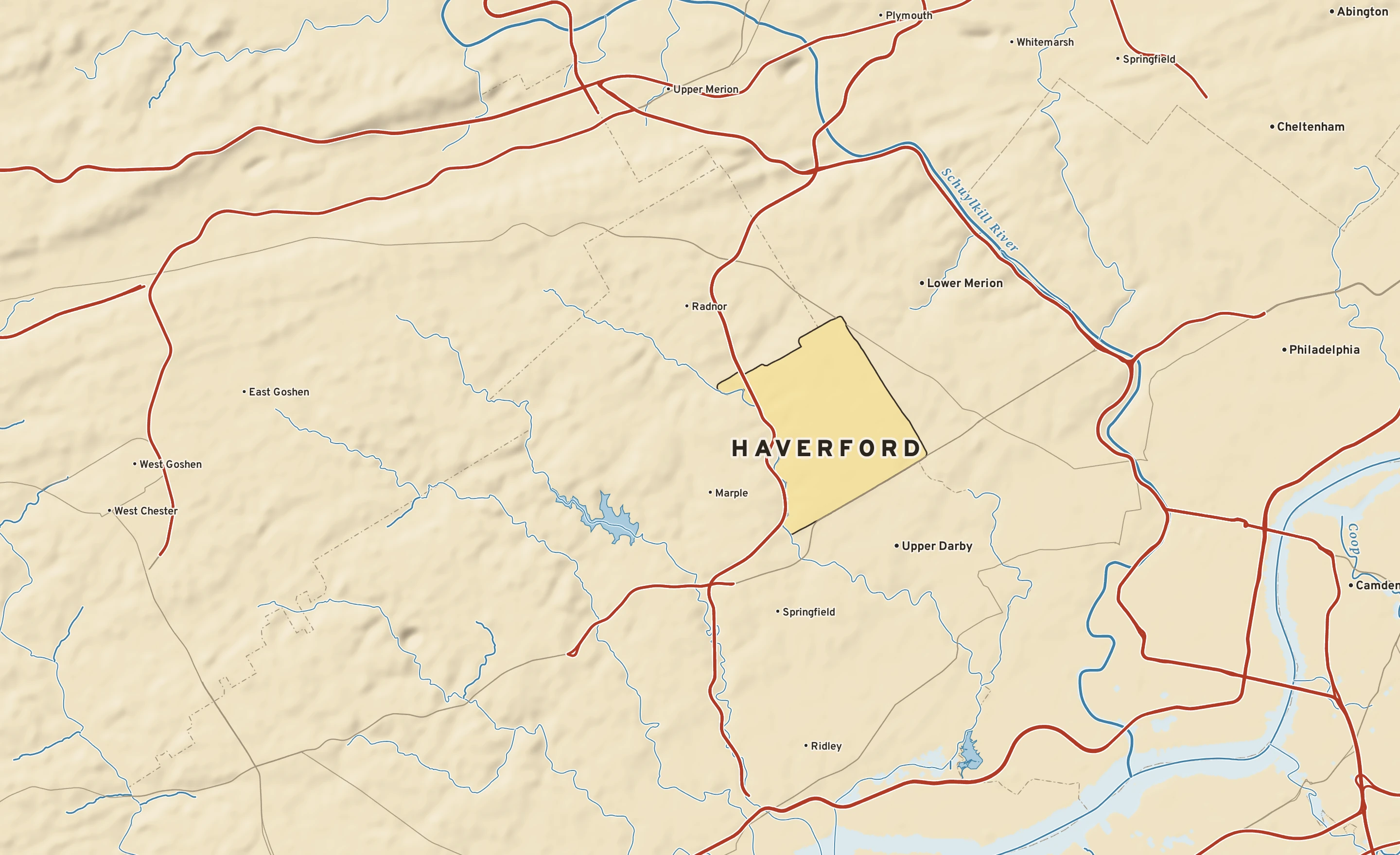Shaded-relief atlas plate of Haverford, Pennsylvania: rivers, roads, the city limits and where the water drains.