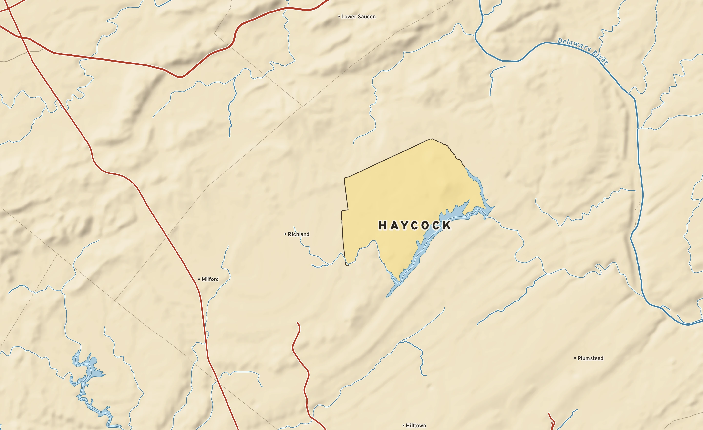 Shaded-relief atlas plate of Haycock, Pennsylvania: rivers, roads, the city limits and where the water drains.