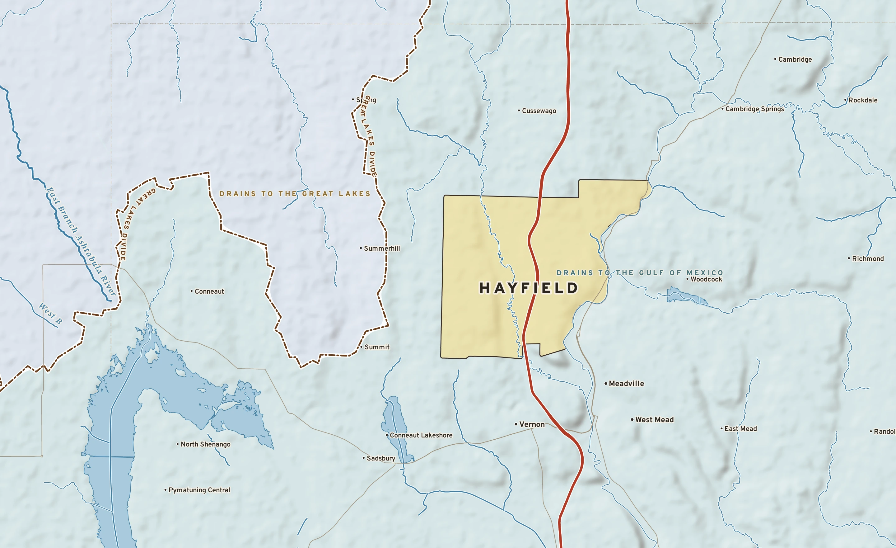 Shaded-relief atlas plate of Hayfield, Pennsylvania: rivers, roads, the city limits and where the water drains.