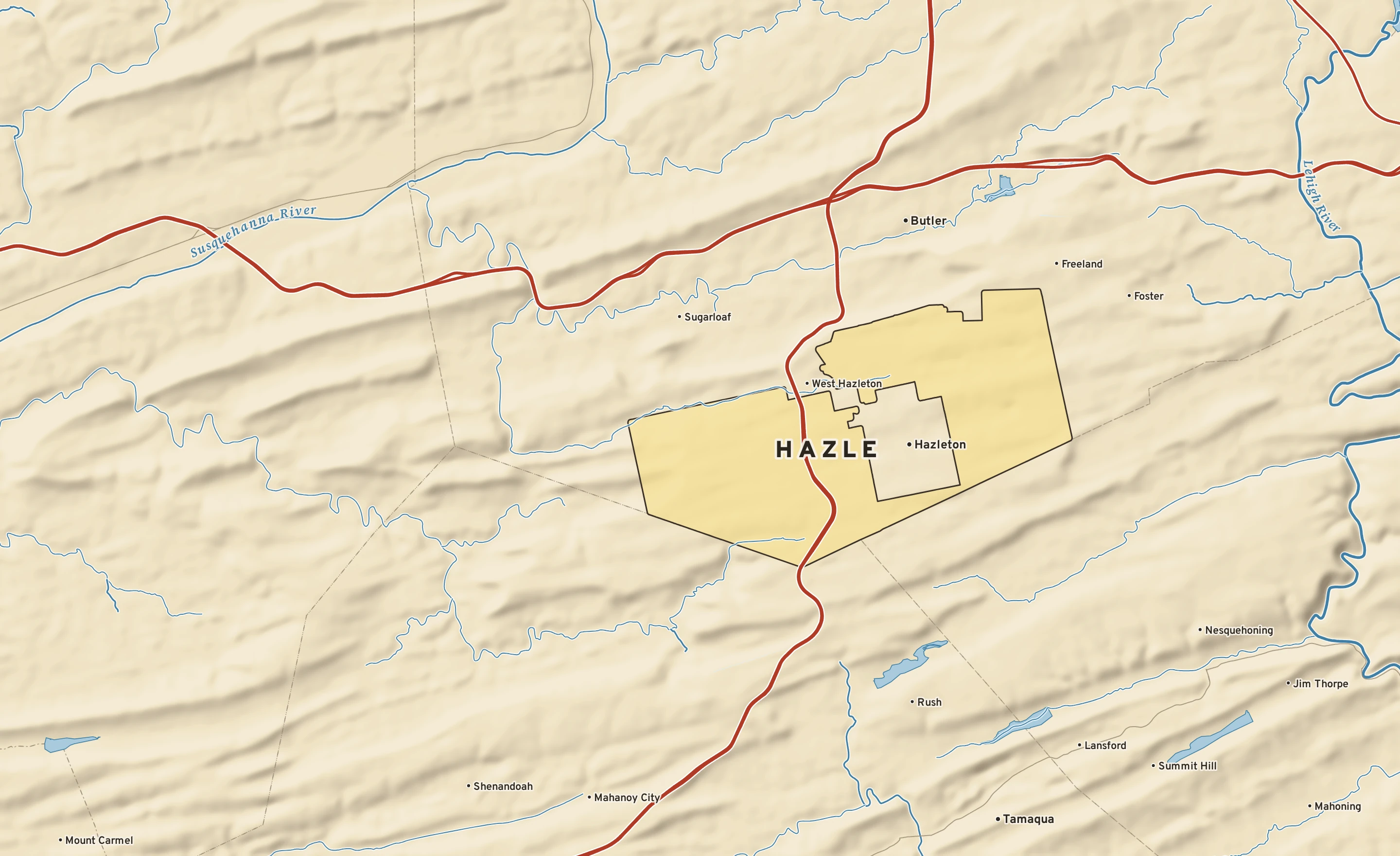 Shaded-relief atlas plate of Hazle, Pennsylvania: rivers, roads, the city limits and where the water drains.