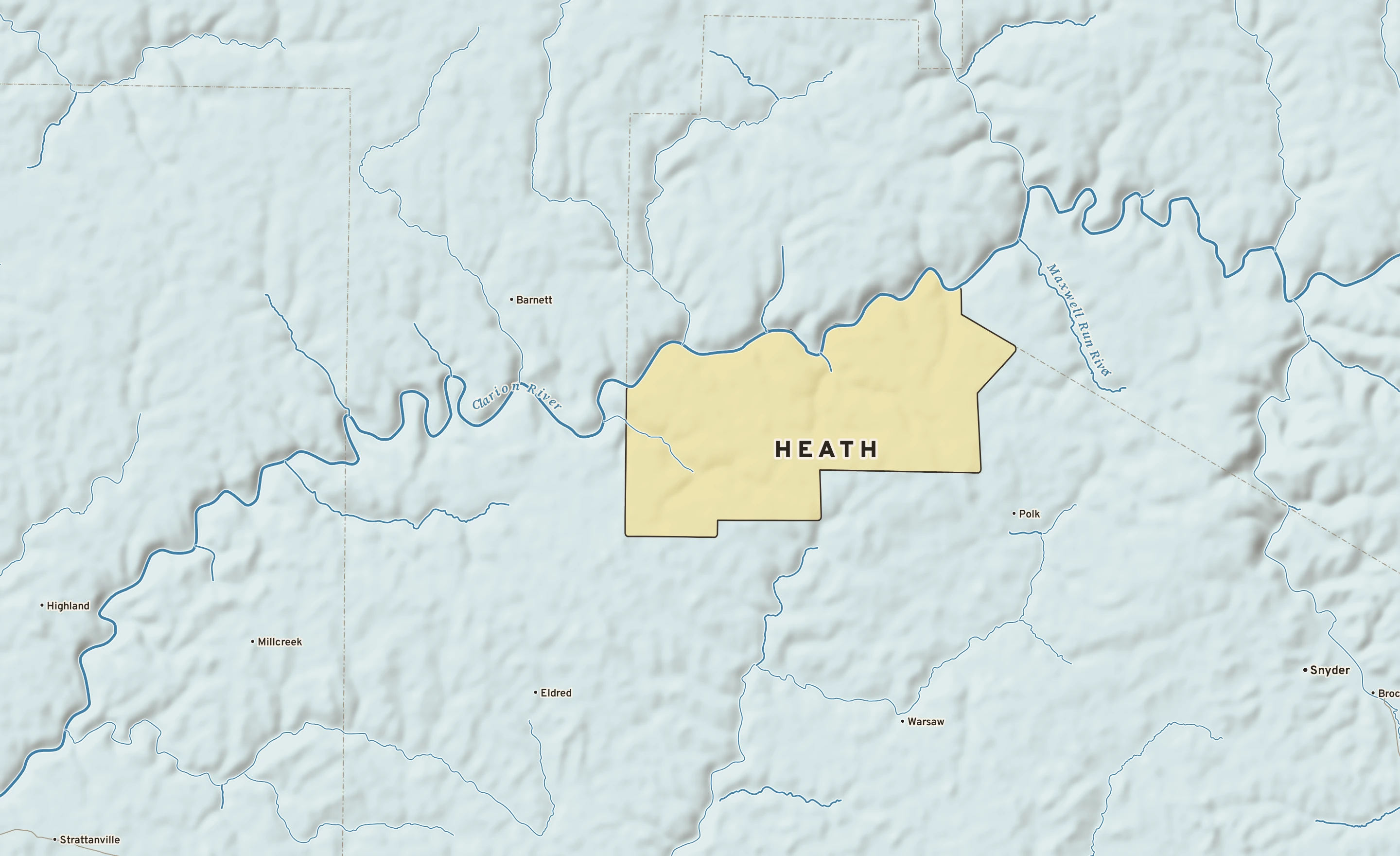 Shaded-relief atlas plate of Heath, Pennsylvania: rivers, roads, the city limits and where the water drains.