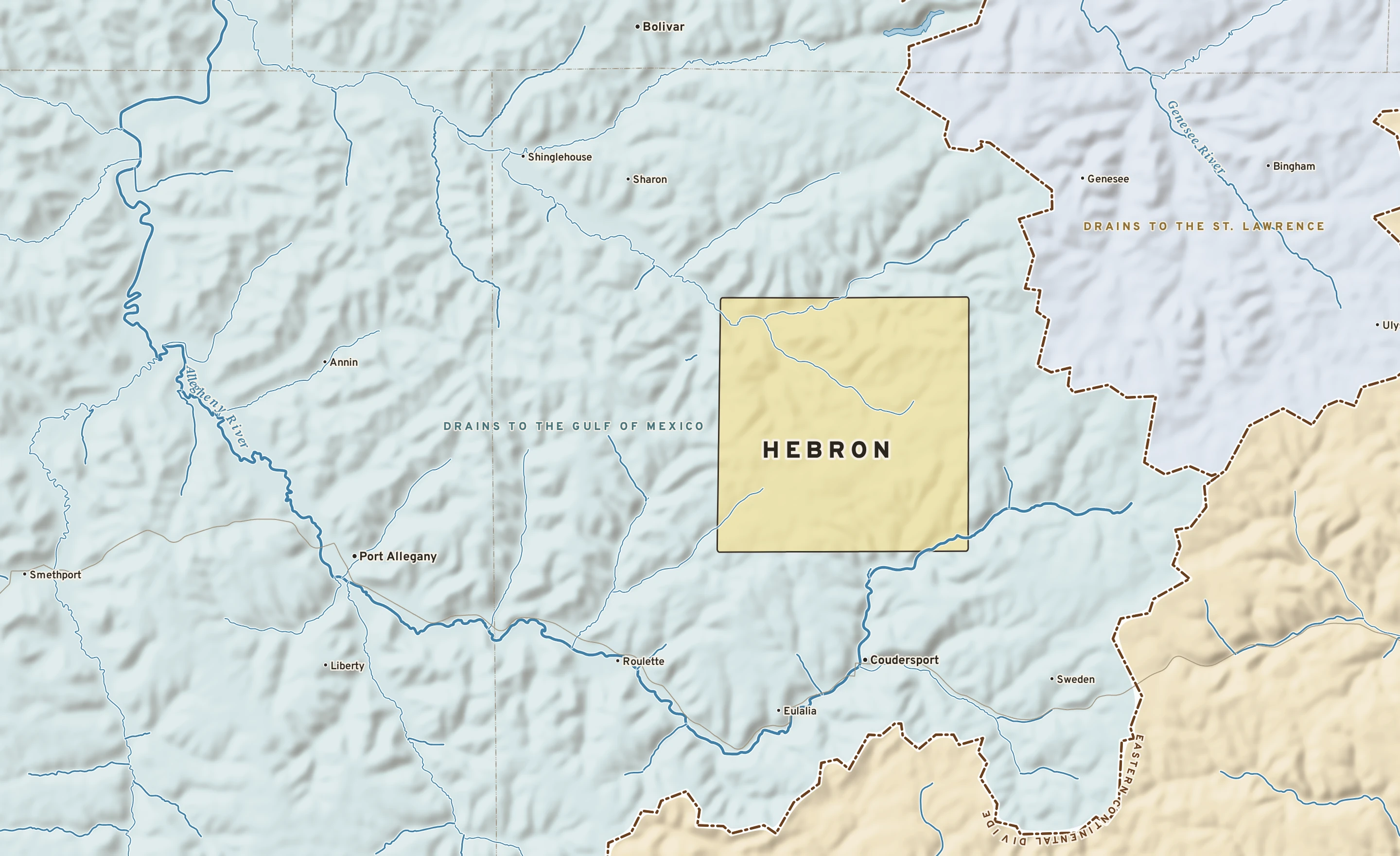Shaded-relief atlas plate of Hebron, Pennsylvania: rivers, roads, the city limits and where the water drains.