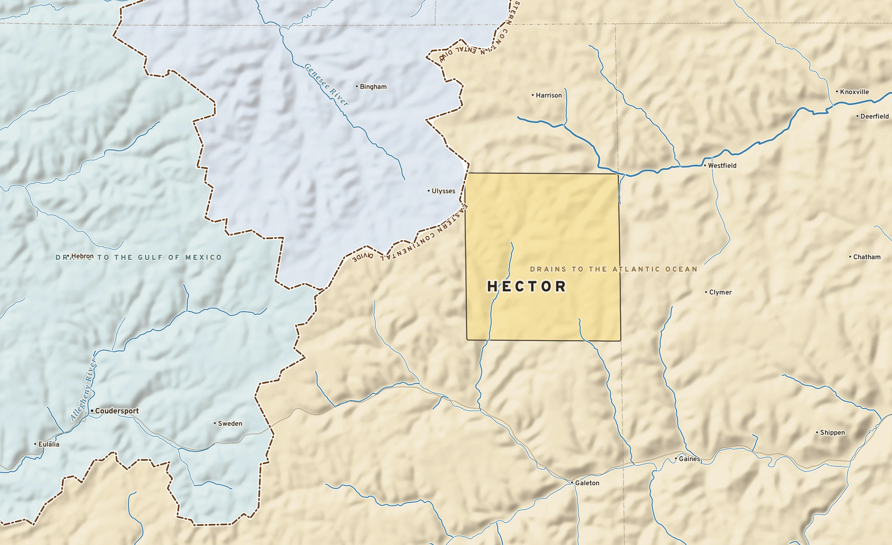 Shaded-relief atlas plate of Hector, Pennsylvania: rivers, roads, the city limits and where the water drains.