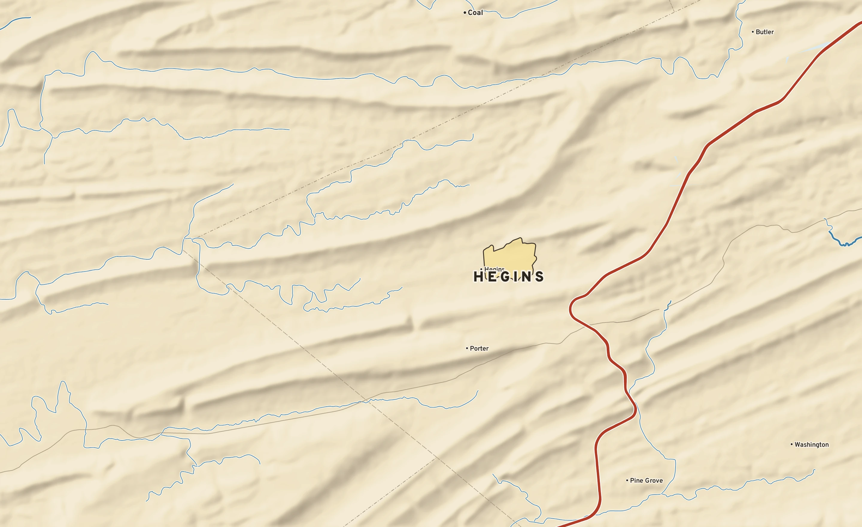 Shaded-relief atlas plate of Hegins, Pennsylvania: rivers, roads, the city limits and where the water drains.