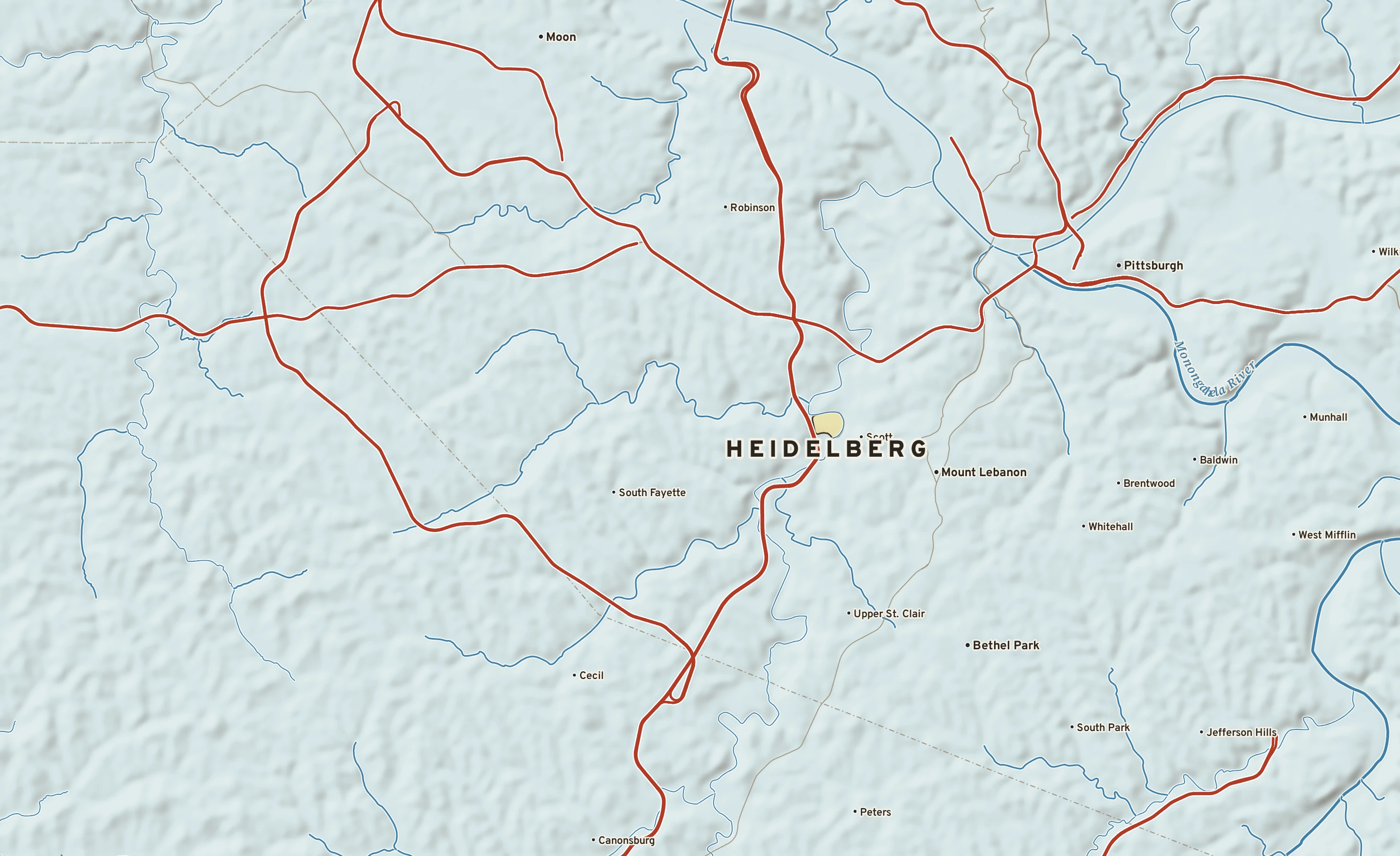 Shaded-relief atlas plate of Heidelberg, Pennsylvania: rivers, roads, the city limits and where the water drains.