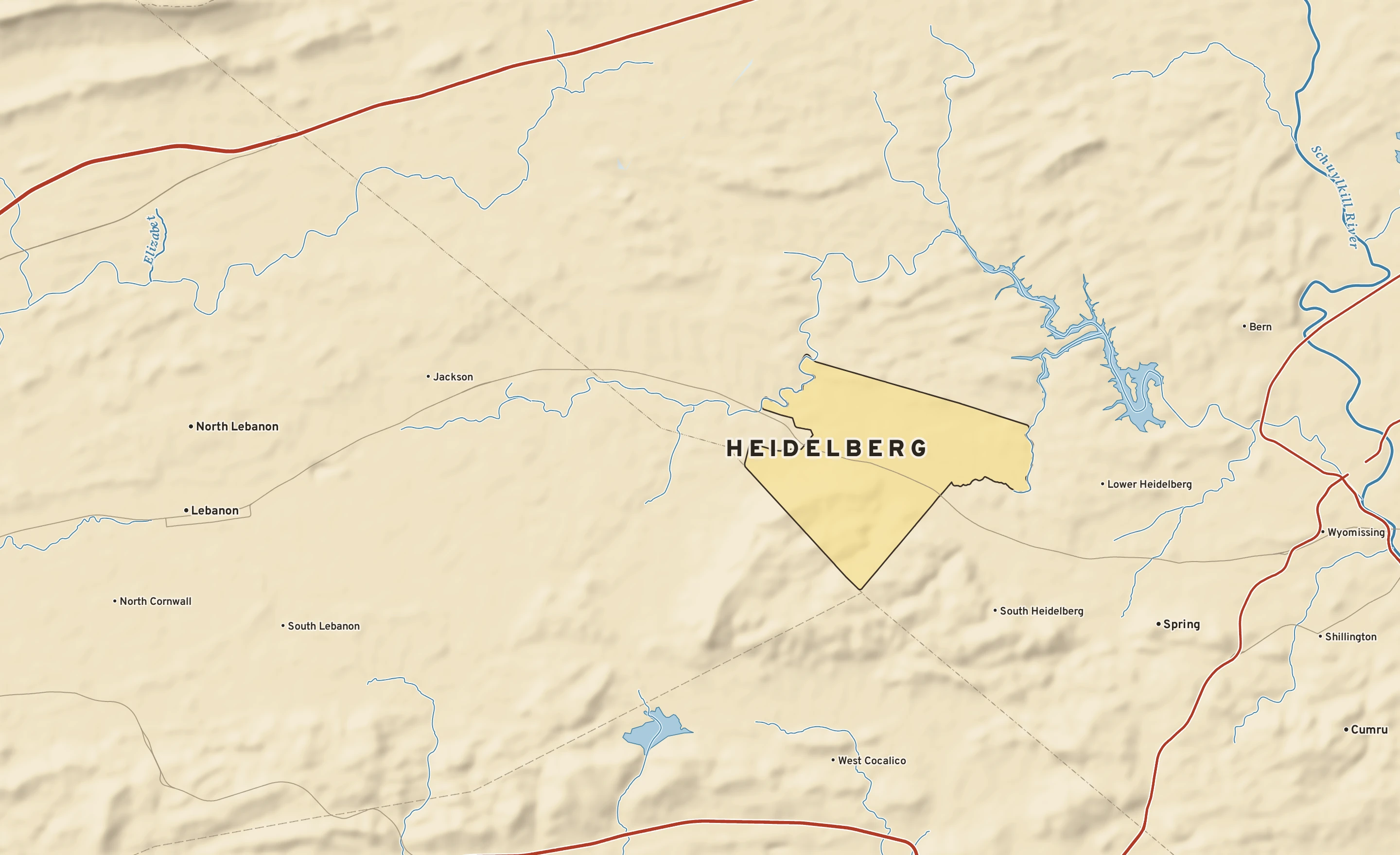 Shaded-relief atlas plate of Heidelberg, Pennsylvania: rivers, roads, the city limits and where the water drains.