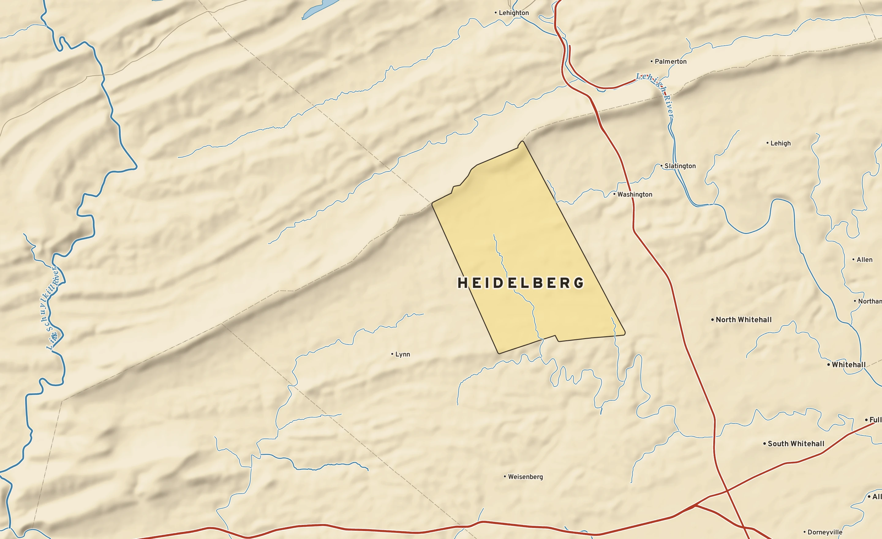 Shaded-relief atlas plate of Heidelberg, Pennsylvania: rivers, roads, the city limits and where the water drains.