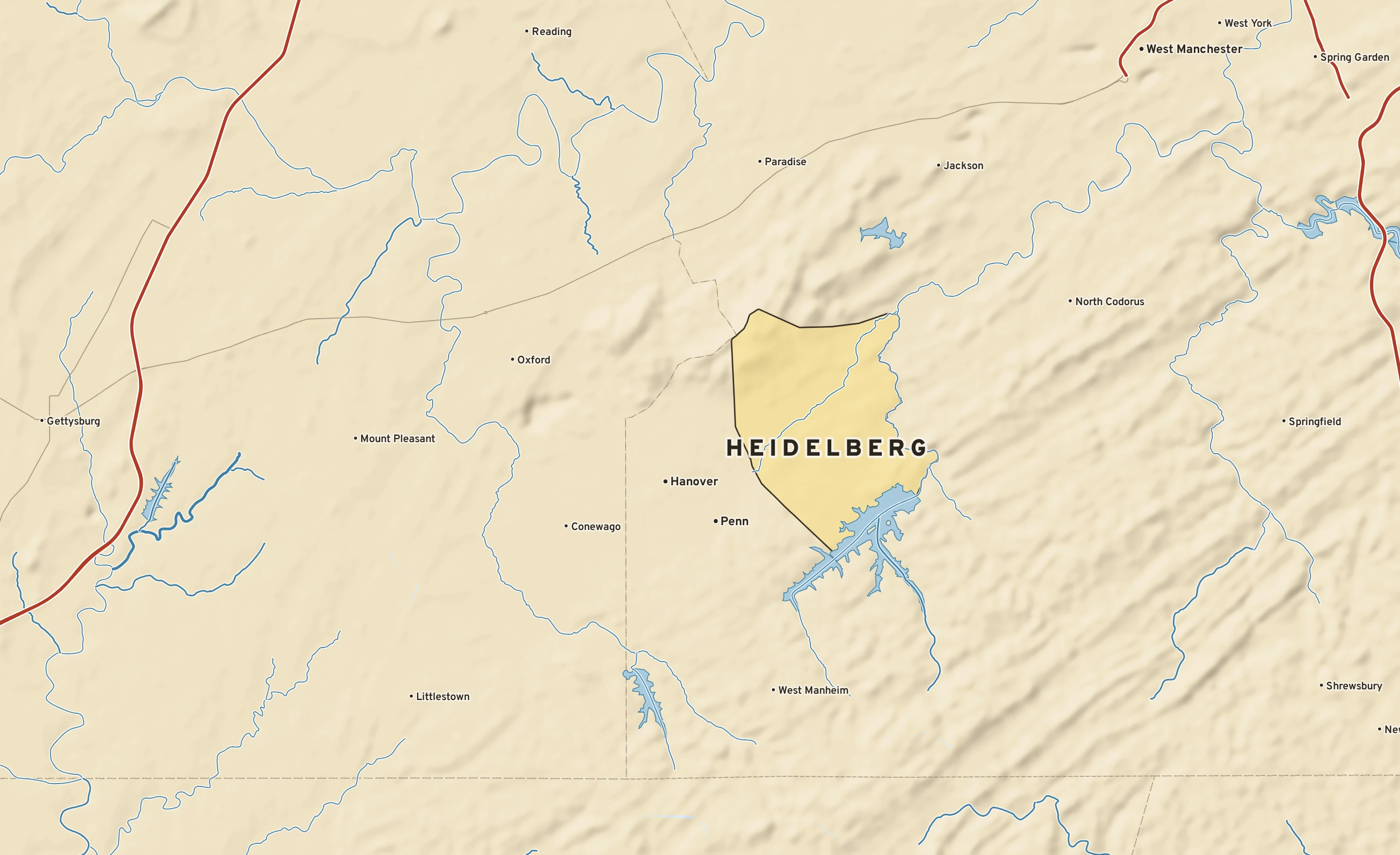 Shaded-relief atlas plate of Heidelberg, Pennsylvania: rivers, roads, the city limits and where the water drains.