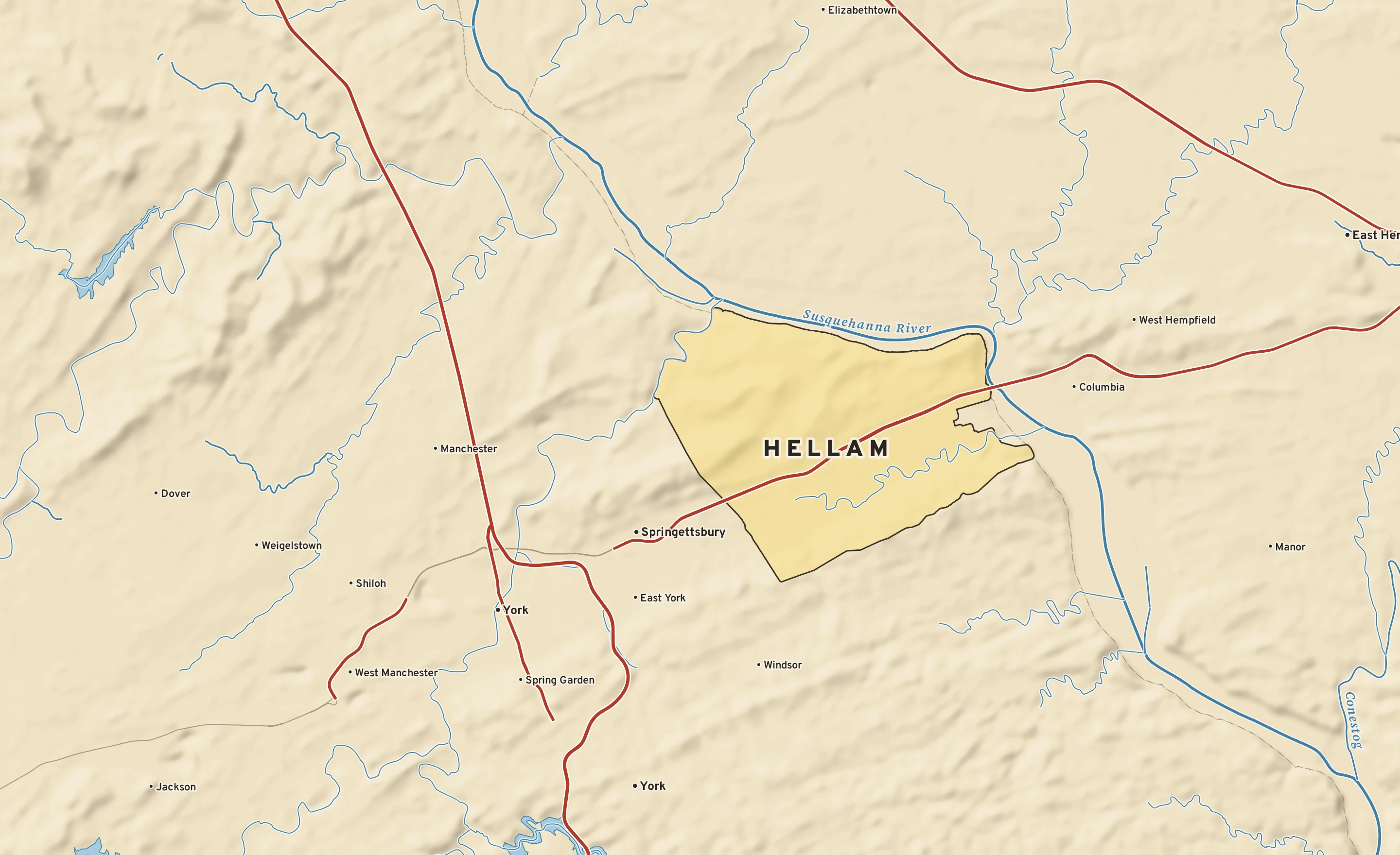 Shaded-relief atlas plate of Hellam, Pennsylvania: rivers, roads, the city limits and where the water drains.