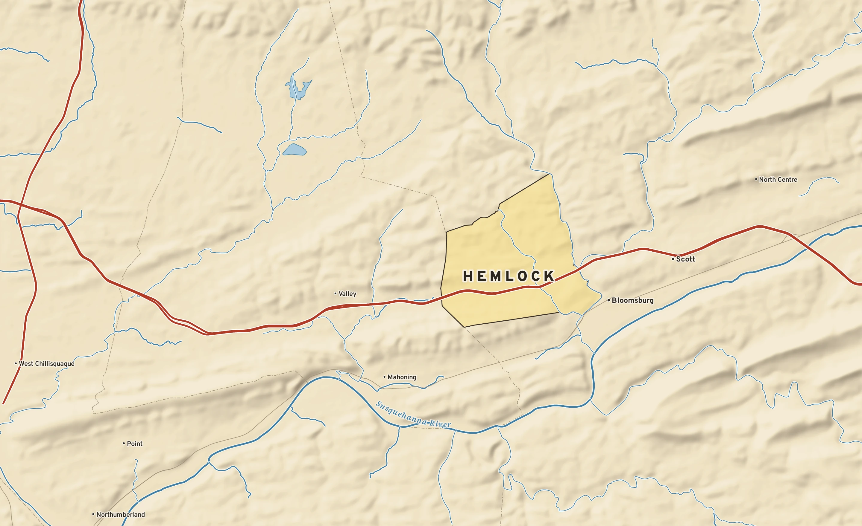 Shaded-relief atlas plate of Hemlock, Pennsylvania: rivers, roads, the city limits and where the water drains.