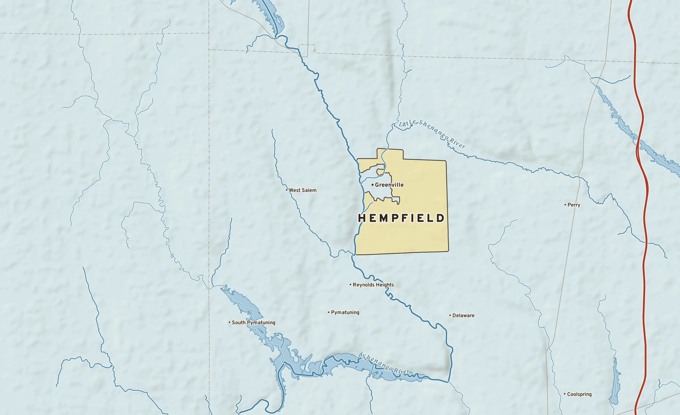 Shaded-relief atlas plate of Hempfield, Pennsylvania: rivers, roads, the city limits and where the water drains.