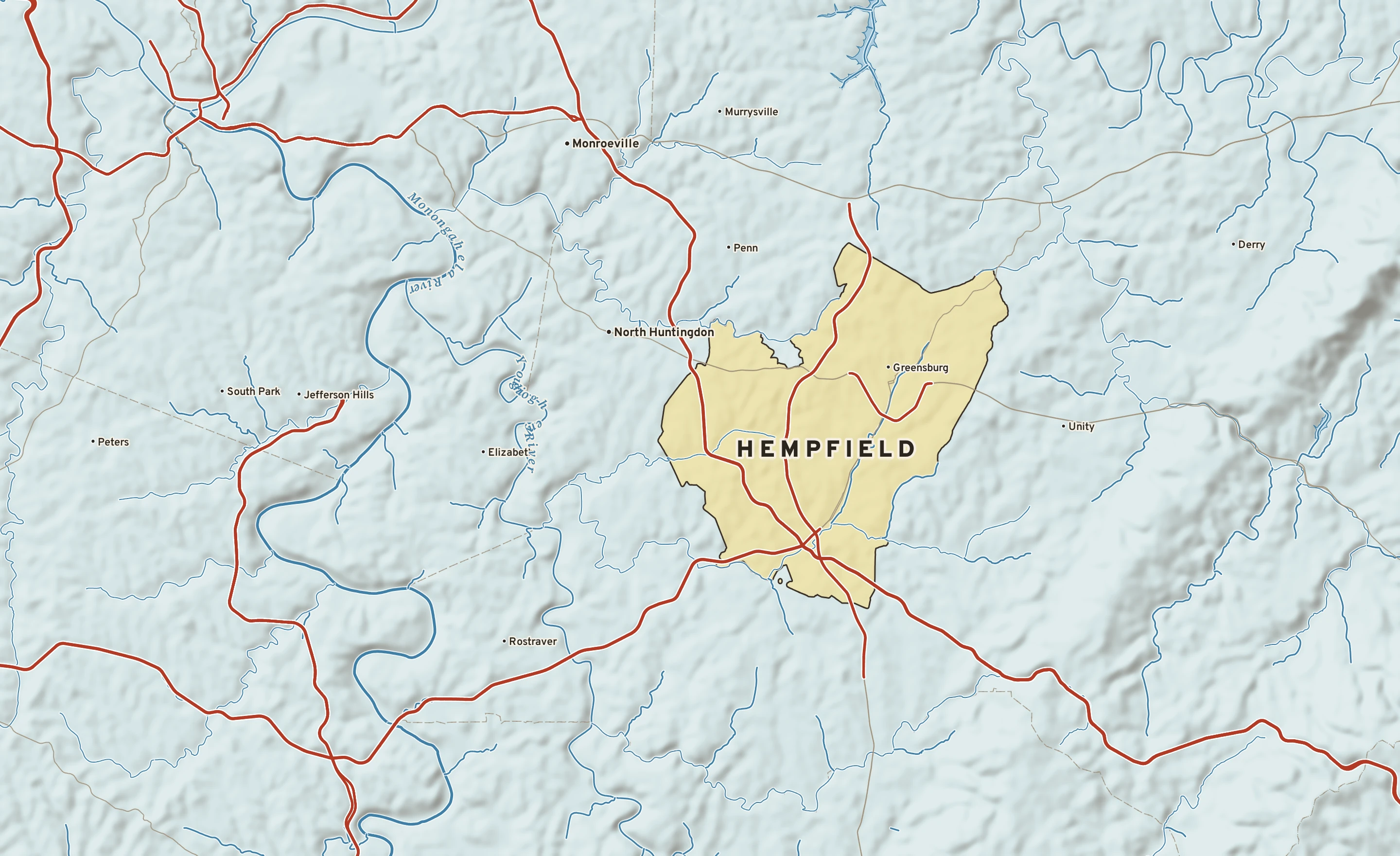 Shaded-relief atlas plate of Hempfield, Pennsylvania: rivers, roads, the city limits and where the water drains.