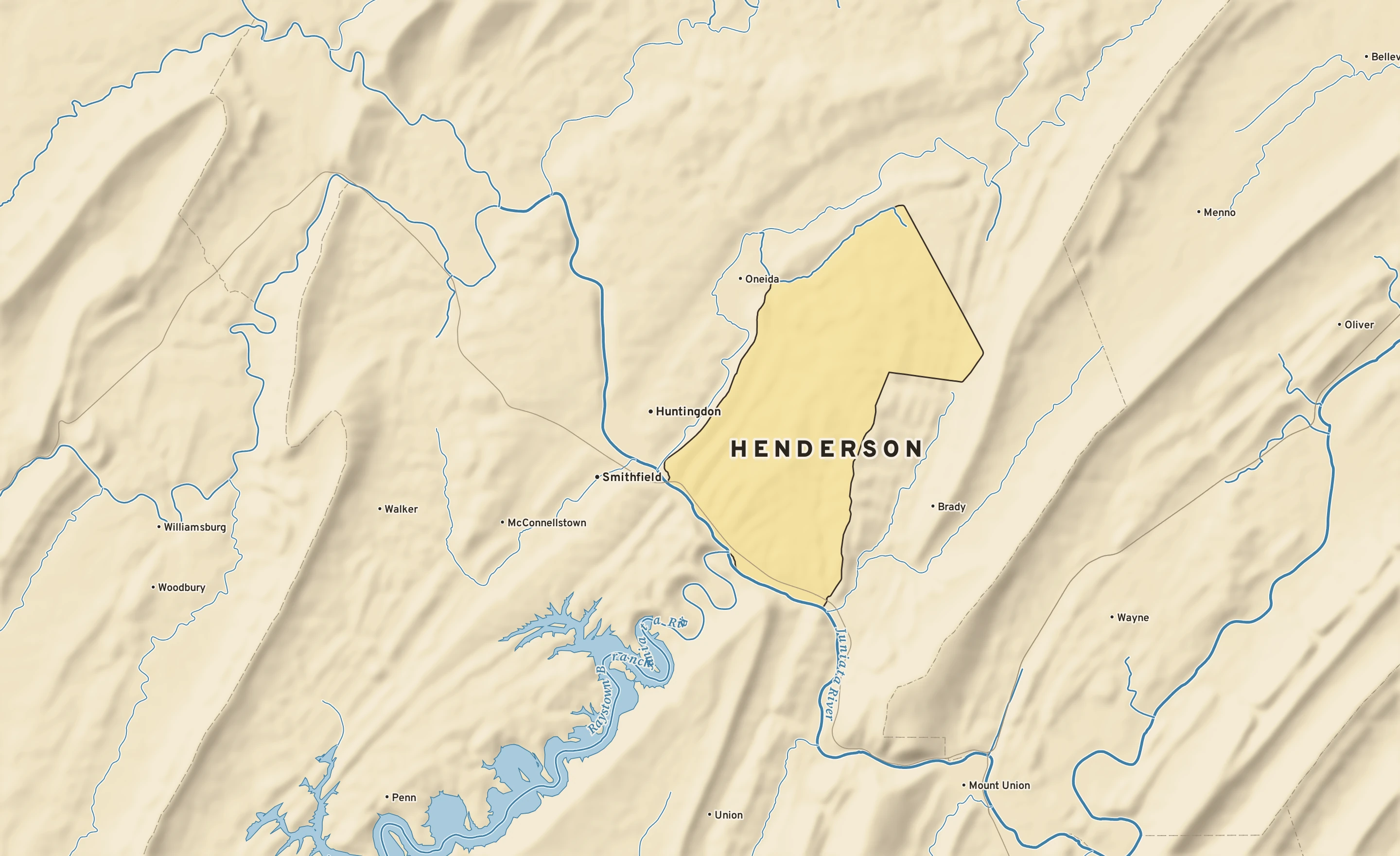 Shaded-relief atlas plate of Henderson, Pennsylvania: rivers, roads, the city limits and where the water drains.