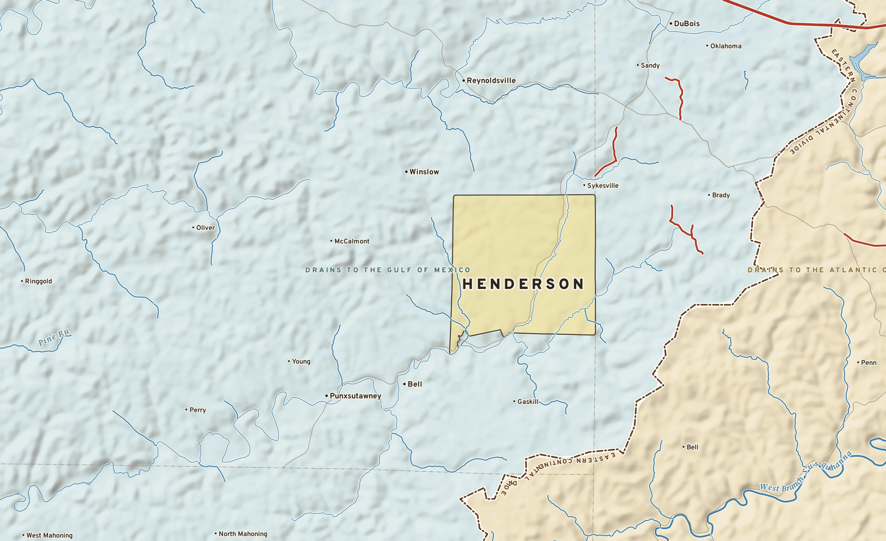 Shaded-relief atlas plate of Henderson, Pennsylvania: rivers, roads, the city limits and where the water drains.