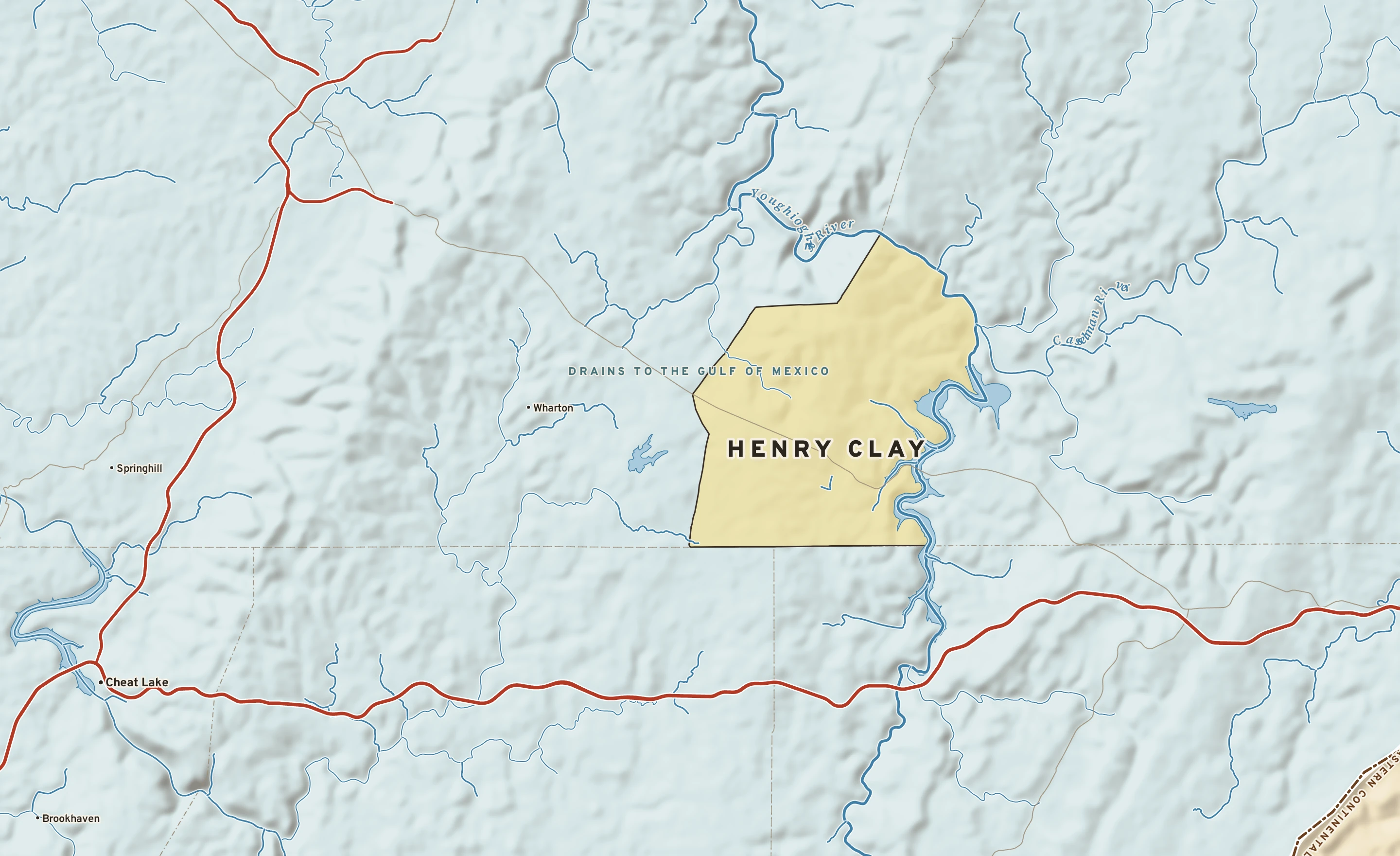 Shaded-relief atlas plate of Henry Clay, Pennsylvania: rivers, roads, the city limits and where the water drains.