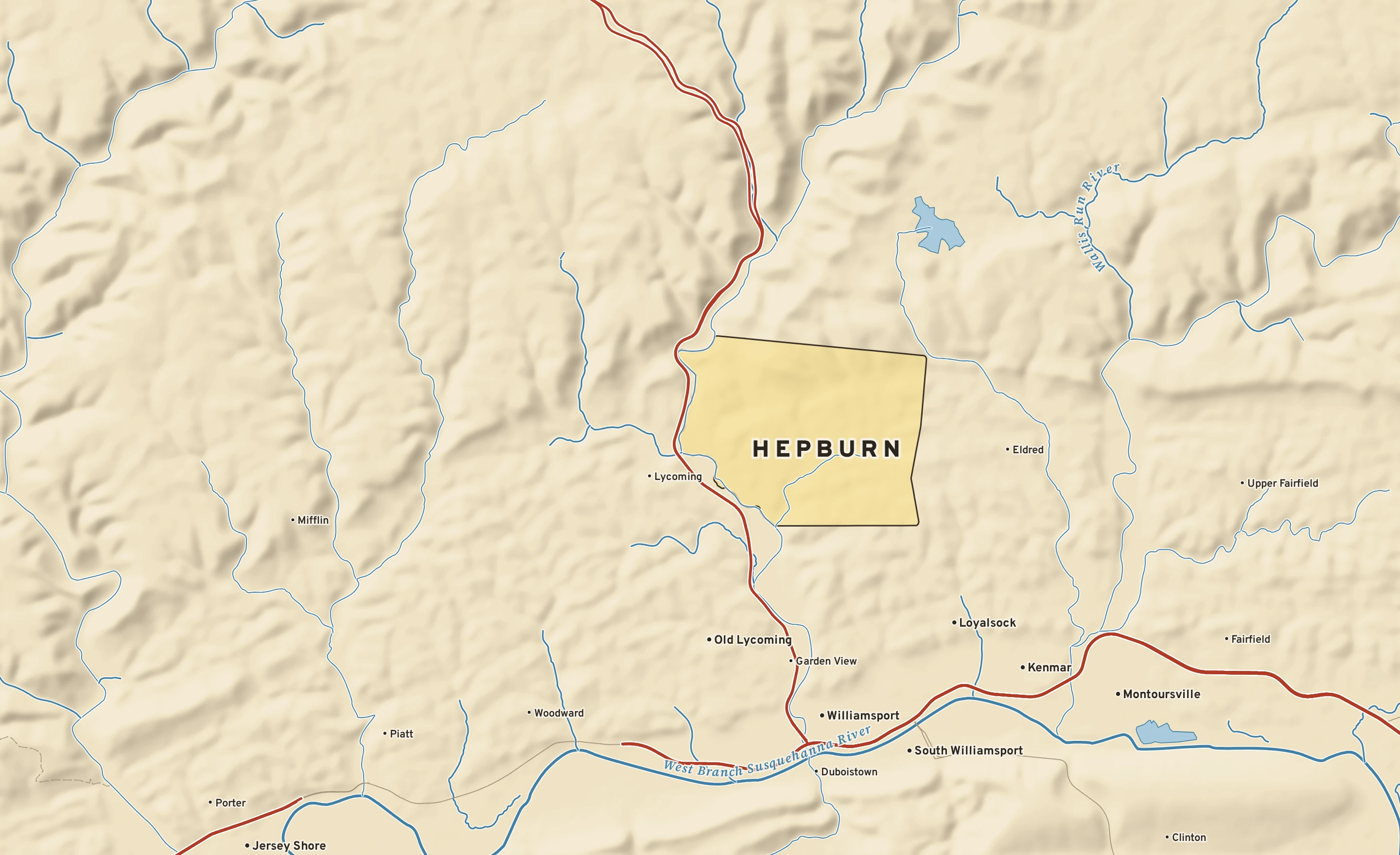 Shaded-relief atlas plate of Hepburn, Pennsylvania: rivers, roads, the city limits and where the water drains.