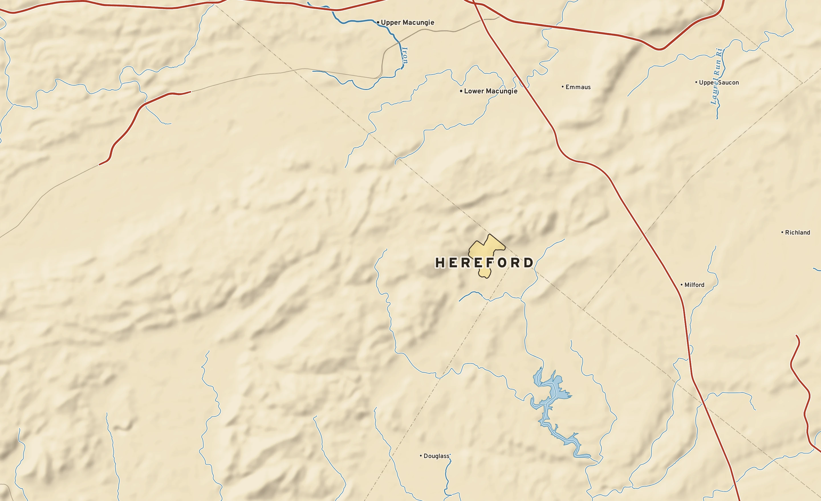 Shaded-relief atlas plate of Hereford, Pennsylvania: rivers, roads, the city limits and where the water drains.