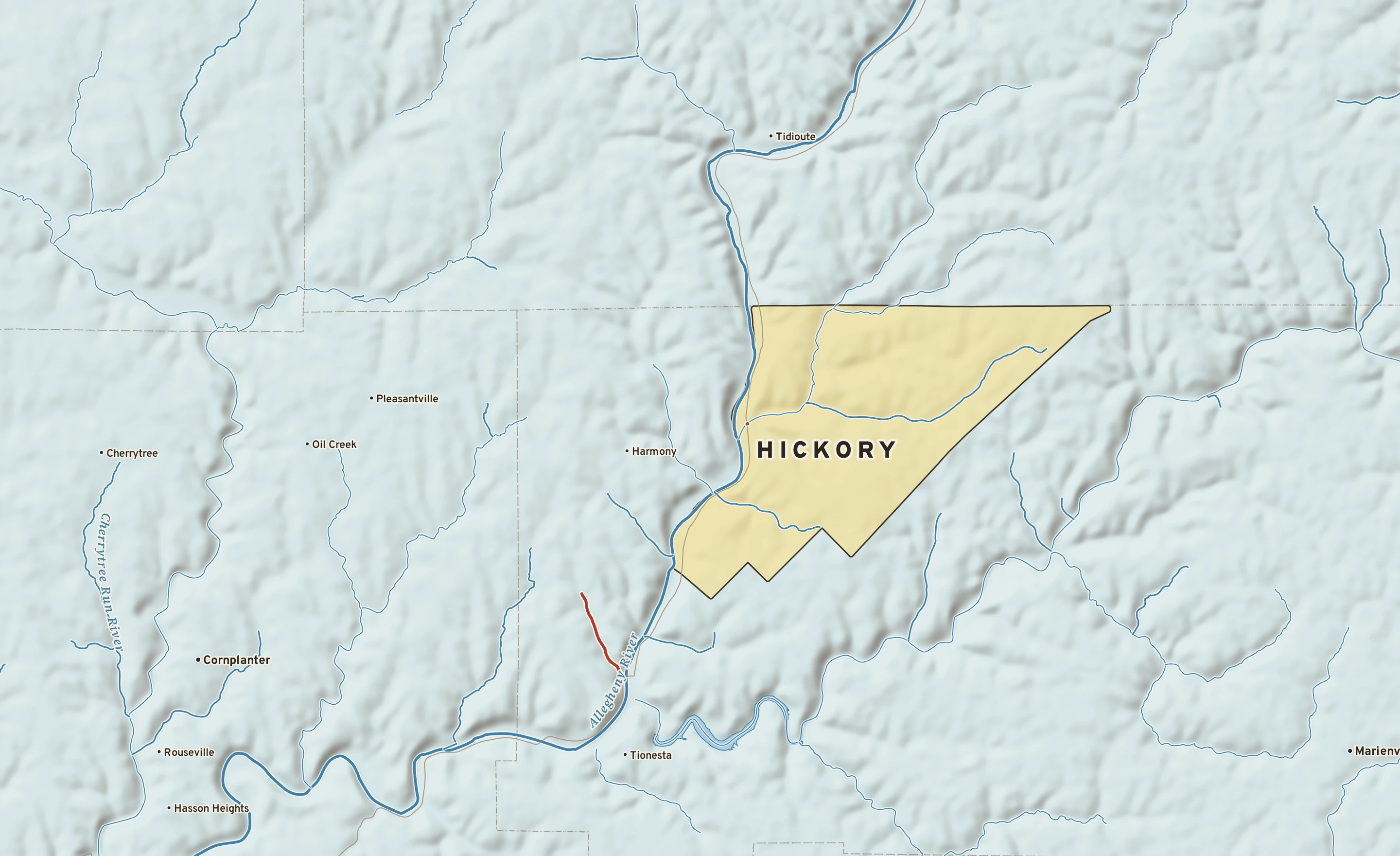 Shaded-relief atlas plate of Hickory, Pennsylvania: rivers, roads, the city limits and where the water drains.
