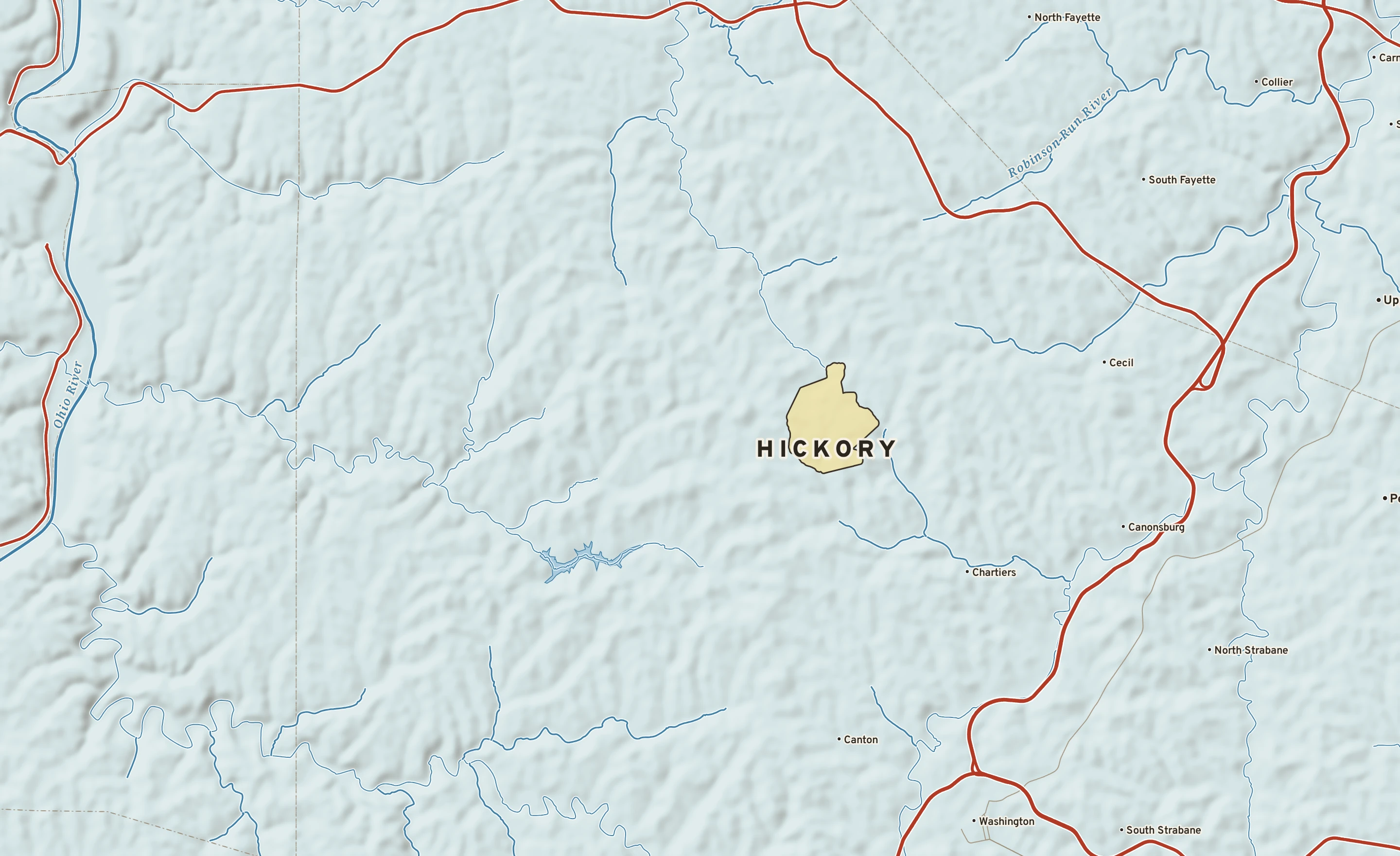 Shaded-relief atlas plate of Hickory, Pennsylvania: rivers, roads, the city limits and where the water drains.