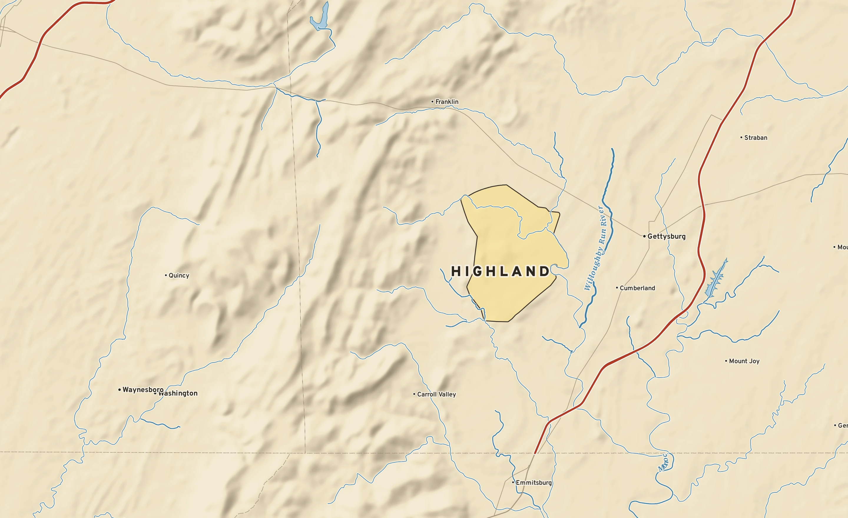 Shaded-relief atlas plate of Highland, Pennsylvania: rivers, roads, the city limits and where the water drains.