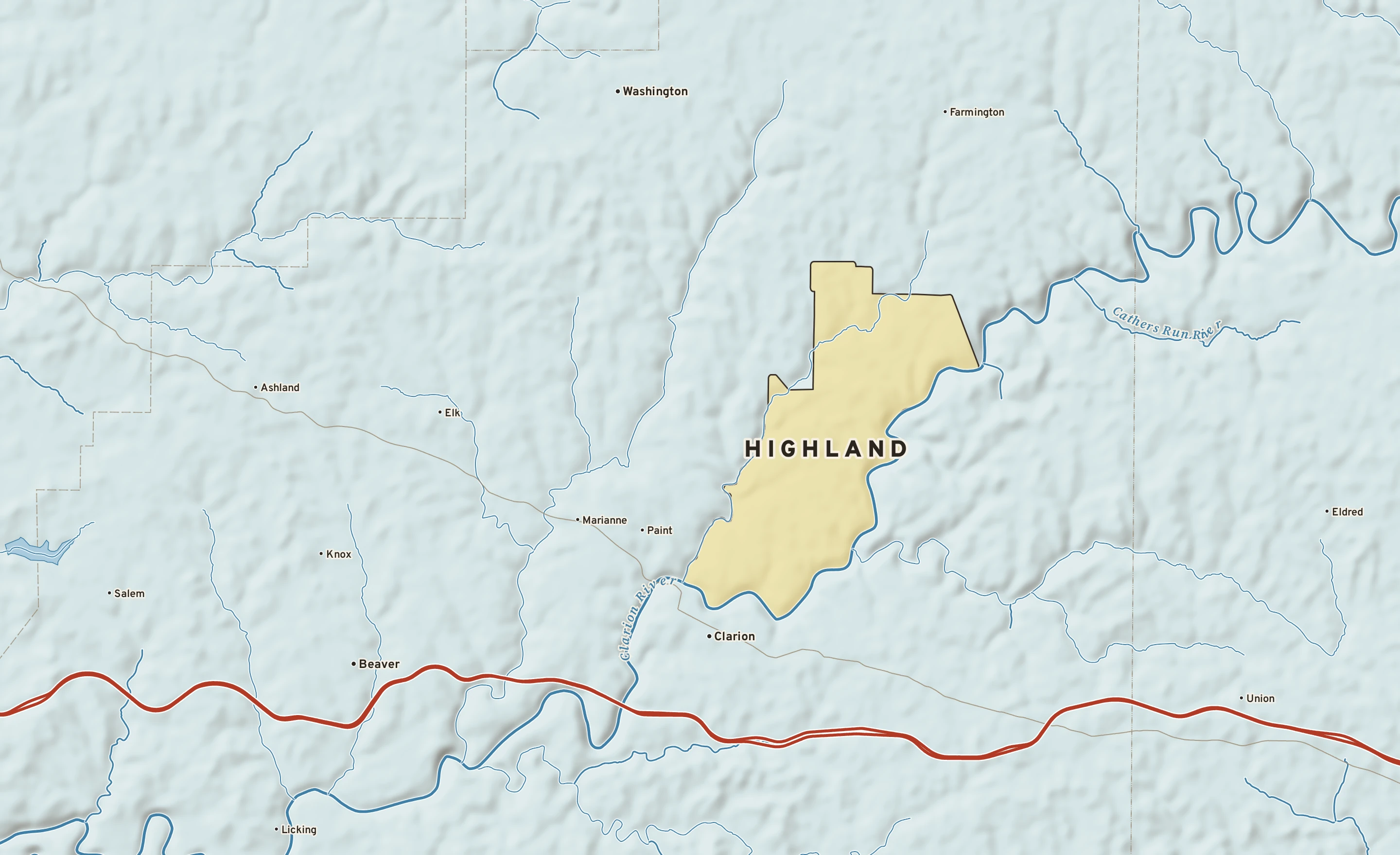 Shaded-relief atlas plate of Highland, Pennsylvania: rivers, roads, the city limits and where the water drains.