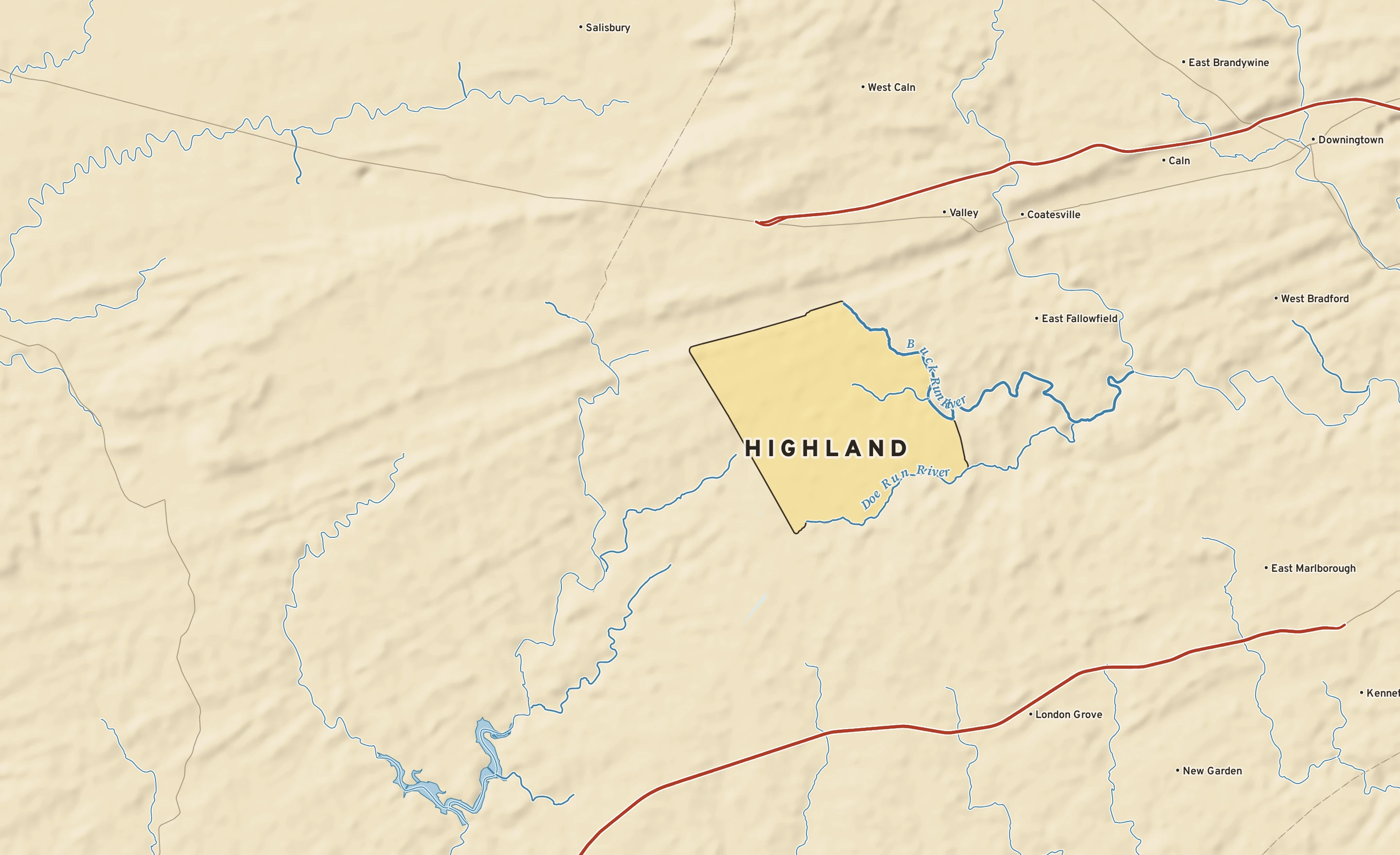 Shaded-relief atlas plate of Highland, Pennsylvania: rivers, roads, the city limits and where the water drains.