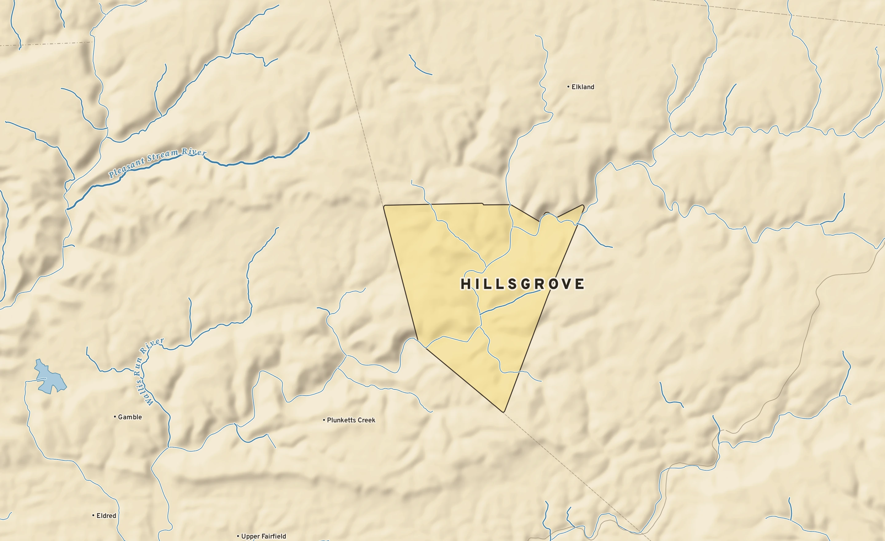 Shaded-relief atlas plate of Hillsgrove, Pennsylvania: rivers, roads, the city limits and where the water drains.