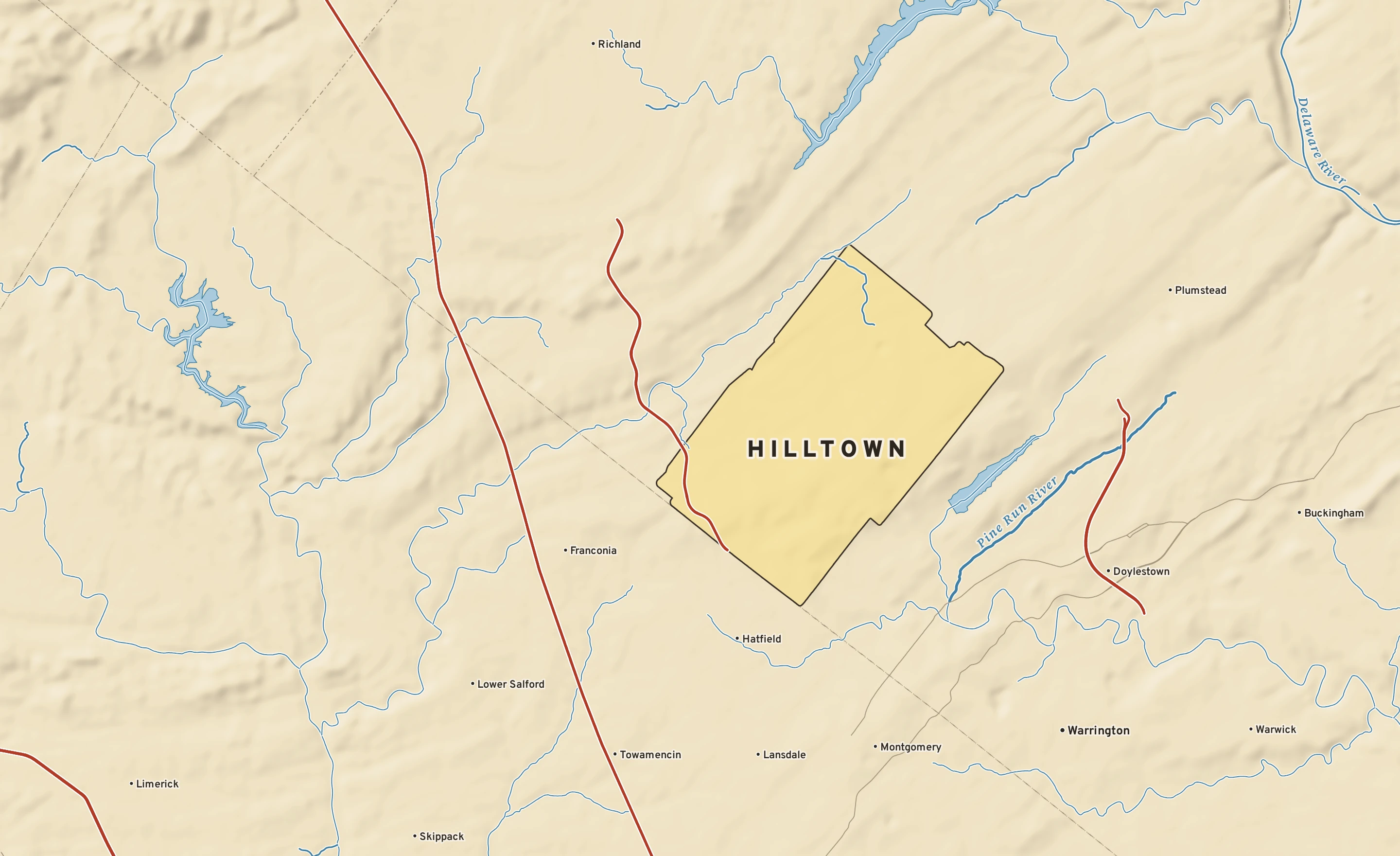 Shaded-relief atlas plate of Hilltown, Pennsylvania: rivers, roads, the city limits and where the water drains.