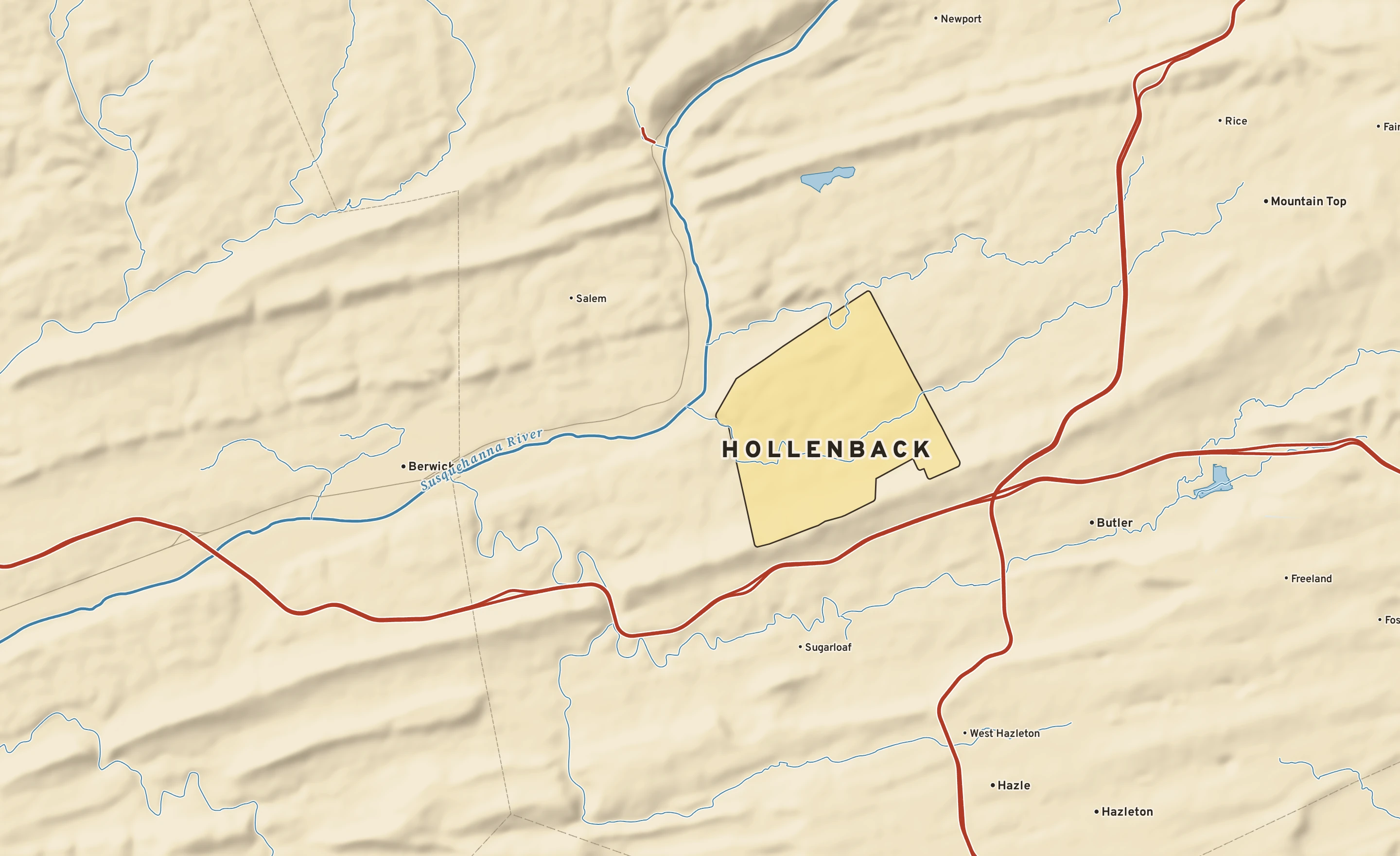 Shaded-relief atlas plate of Hollenback, Pennsylvania: rivers, roads, the city limits and where the water drains.