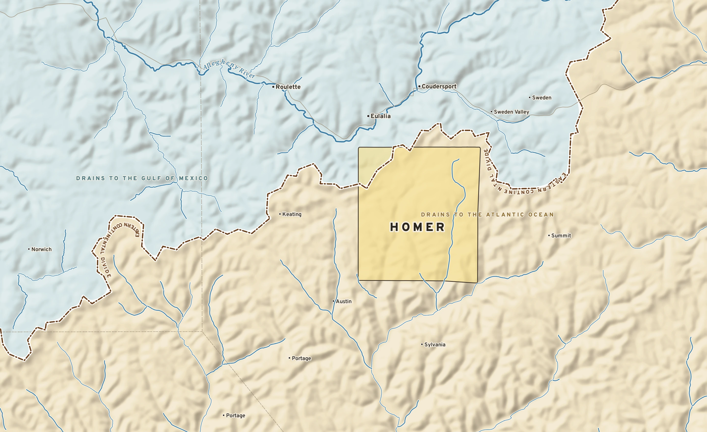 Shaded-relief atlas plate of Homer, Pennsylvania: rivers, roads, the city limits and where the water drains.