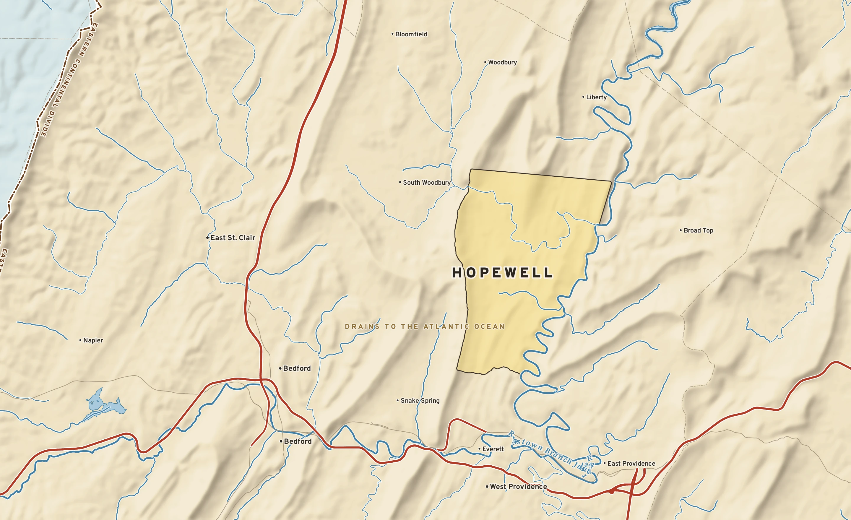 Shaded-relief atlas plate of Hopewell, Pennsylvania: rivers, roads, the city limits and where the water drains.