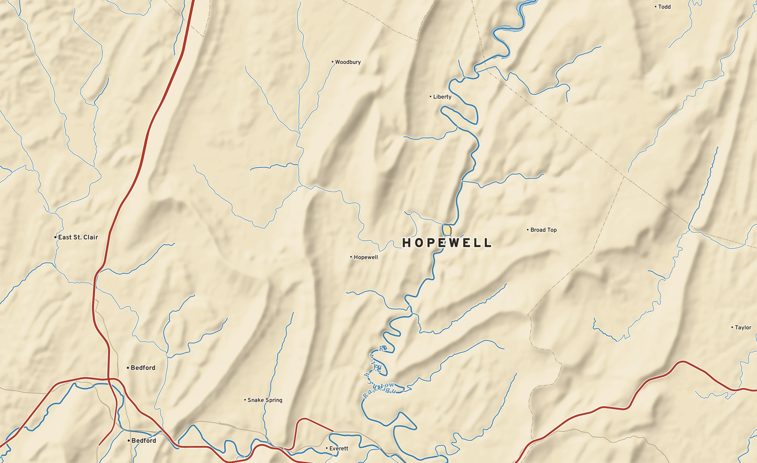 Shaded-relief atlas plate of Hopewell, Pennsylvania: rivers, roads, the city limits and where the water drains.