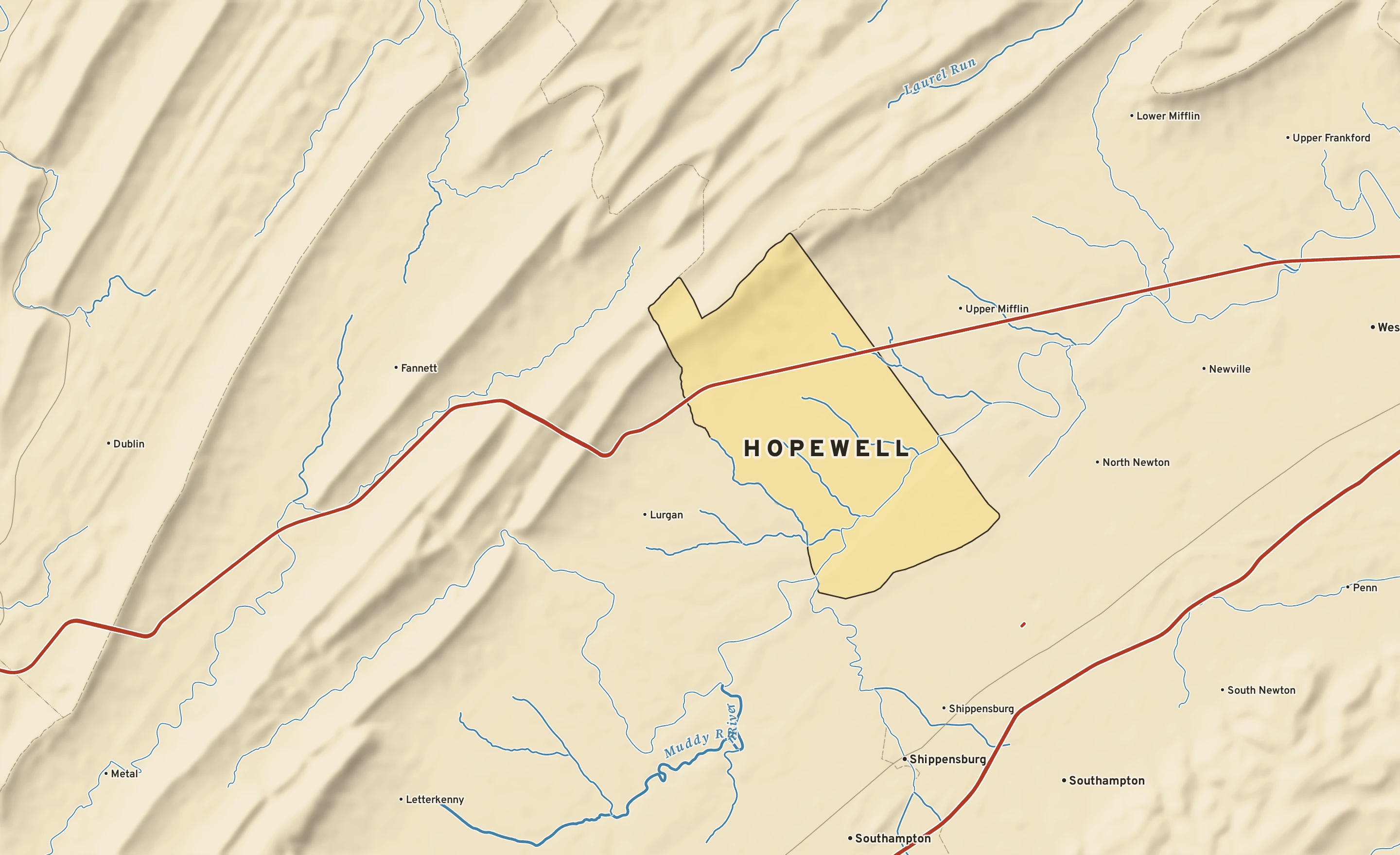 Shaded-relief atlas plate of Hopewell, Pennsylvania: rivers, roads, the city limits and where the water drains.