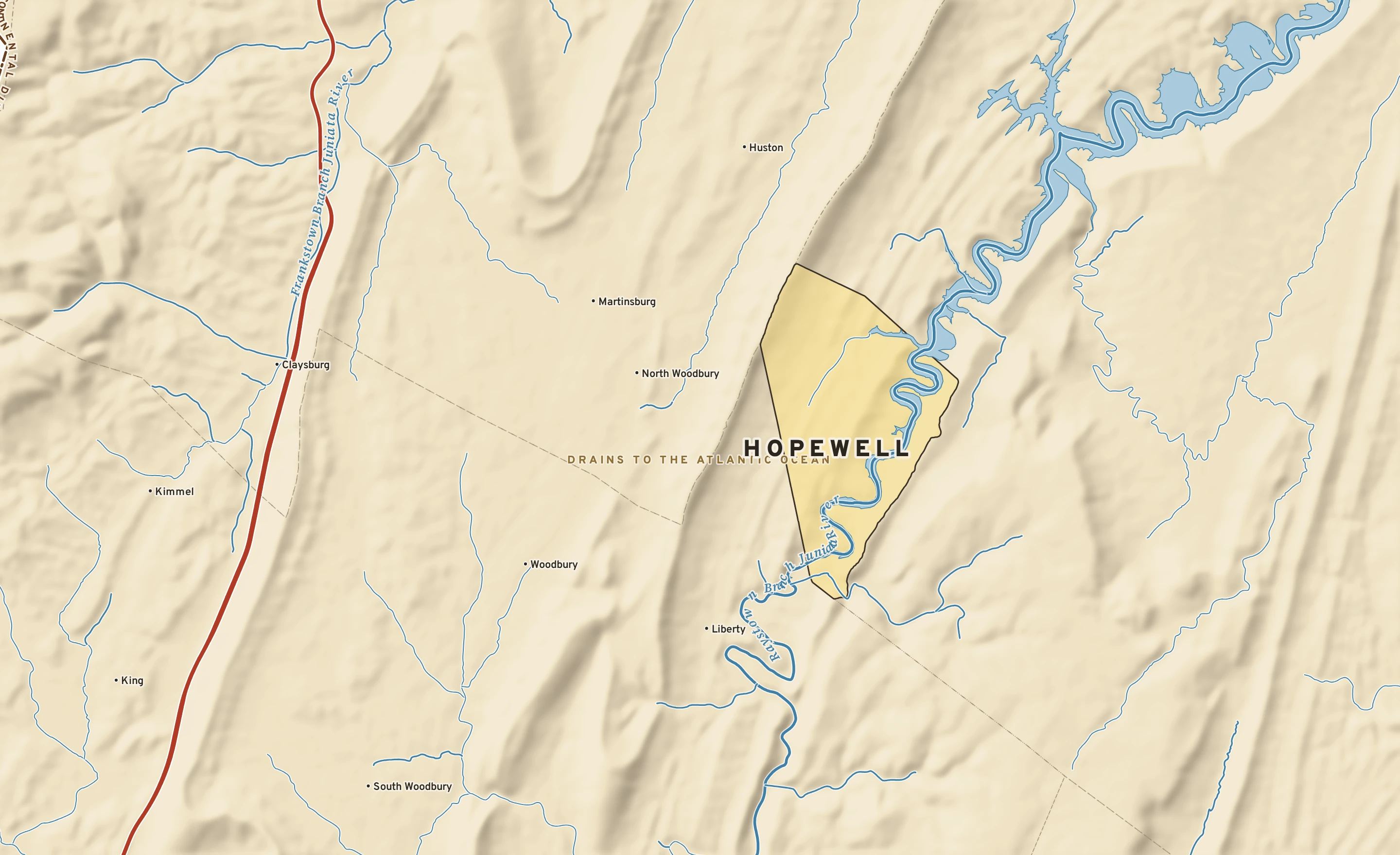 Shaded-relief atlas plate of Hopewell, Pennsylvania: rivers, roads, the city limits and where the water drains.