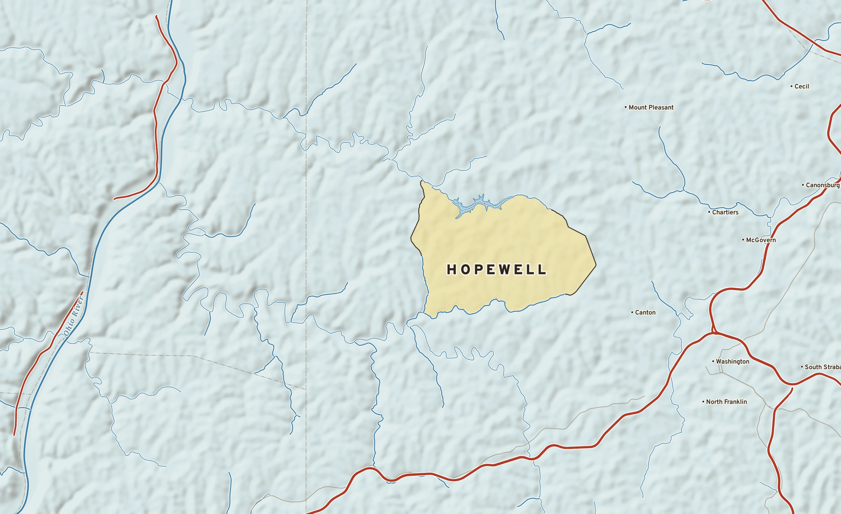 Shaded-relief atlas plate of Hopewell, Pennsylvania: rivers, roads, the city limits and where the water drains.