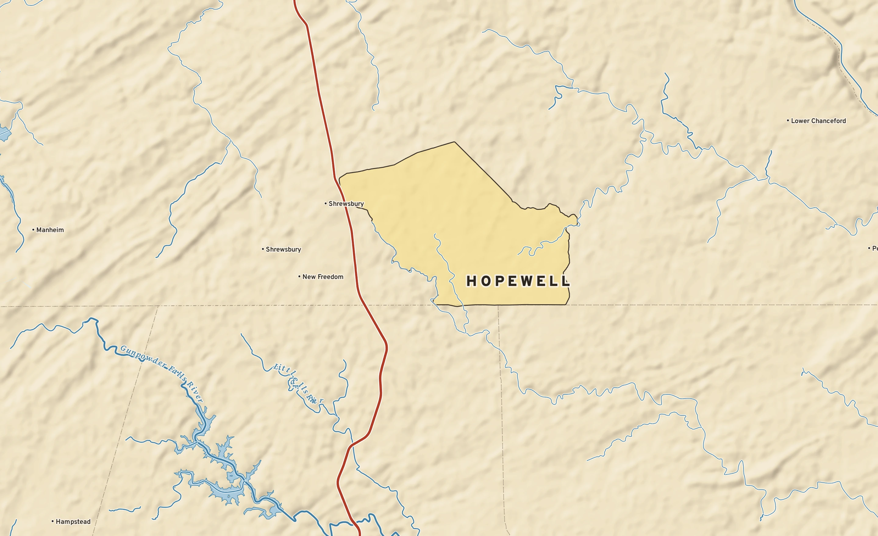 Shaded-relief atlas plate of Hopewell, Pennsylvania: rivers, roads, the city limits and where the water drains.