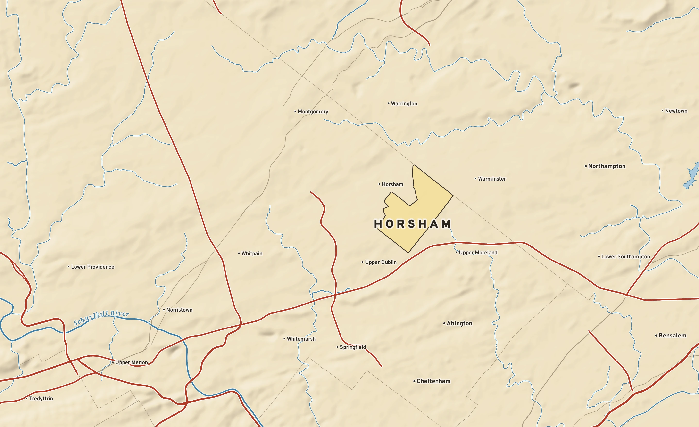 Shaded-relief atlas plate of Horsham, Pennsylvania: rivers, roads, the city limits and where the water drains.
