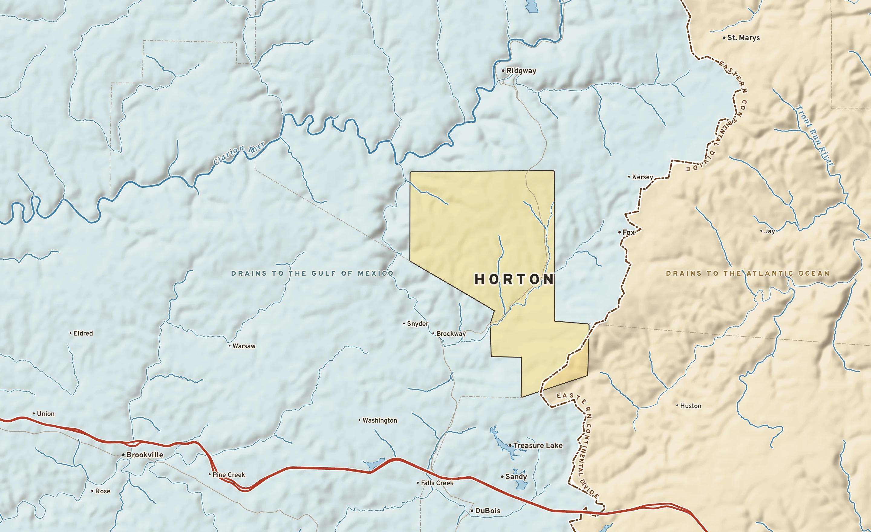 Shaded-relief atlas plate of Horton, Pennsylvania: rivers, roads, the city limits and where the water drains.