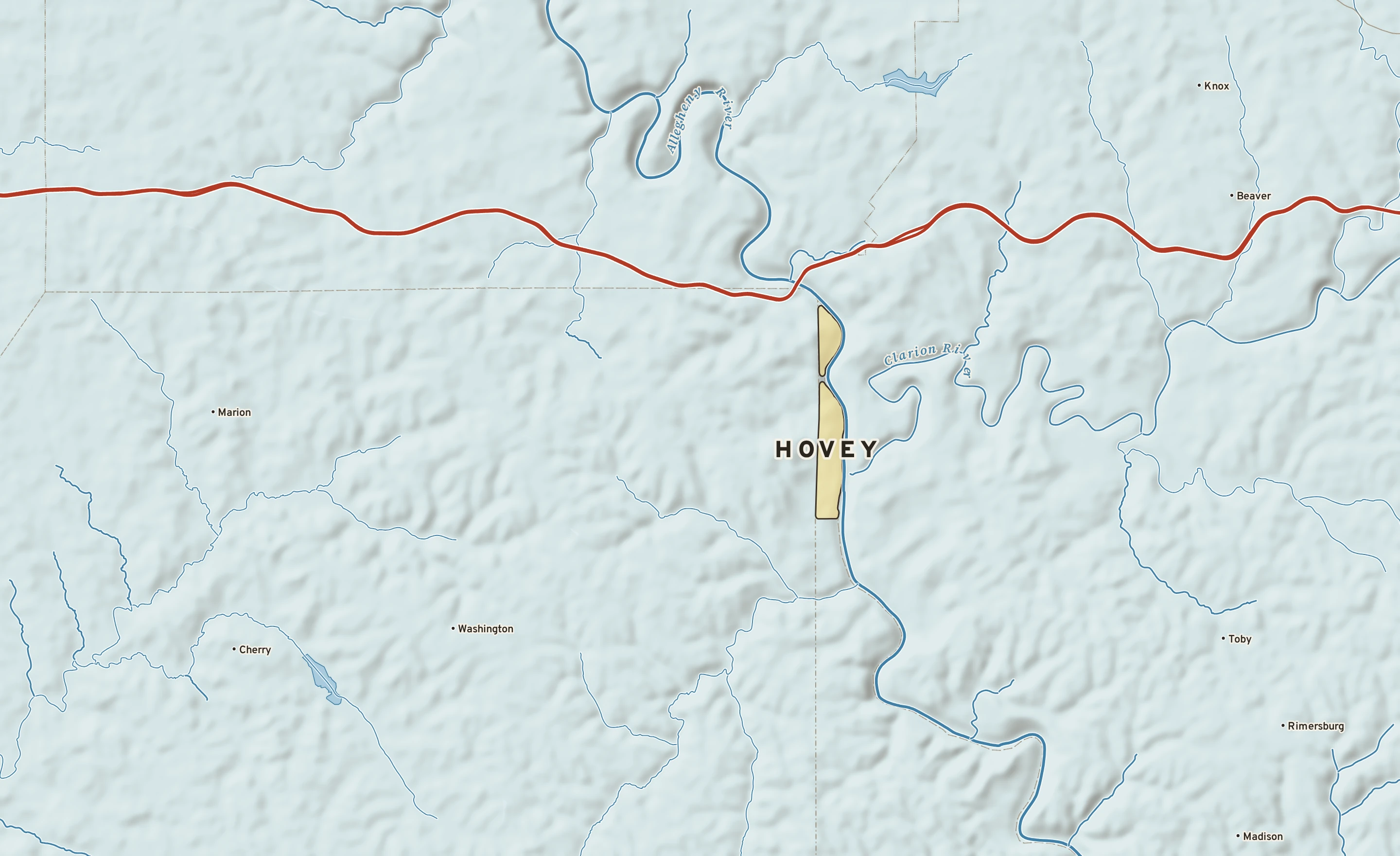 Shaded-relief atlas plate of Hovey, Pennsylvania: rivers, roads, the city limits and where the water drains.