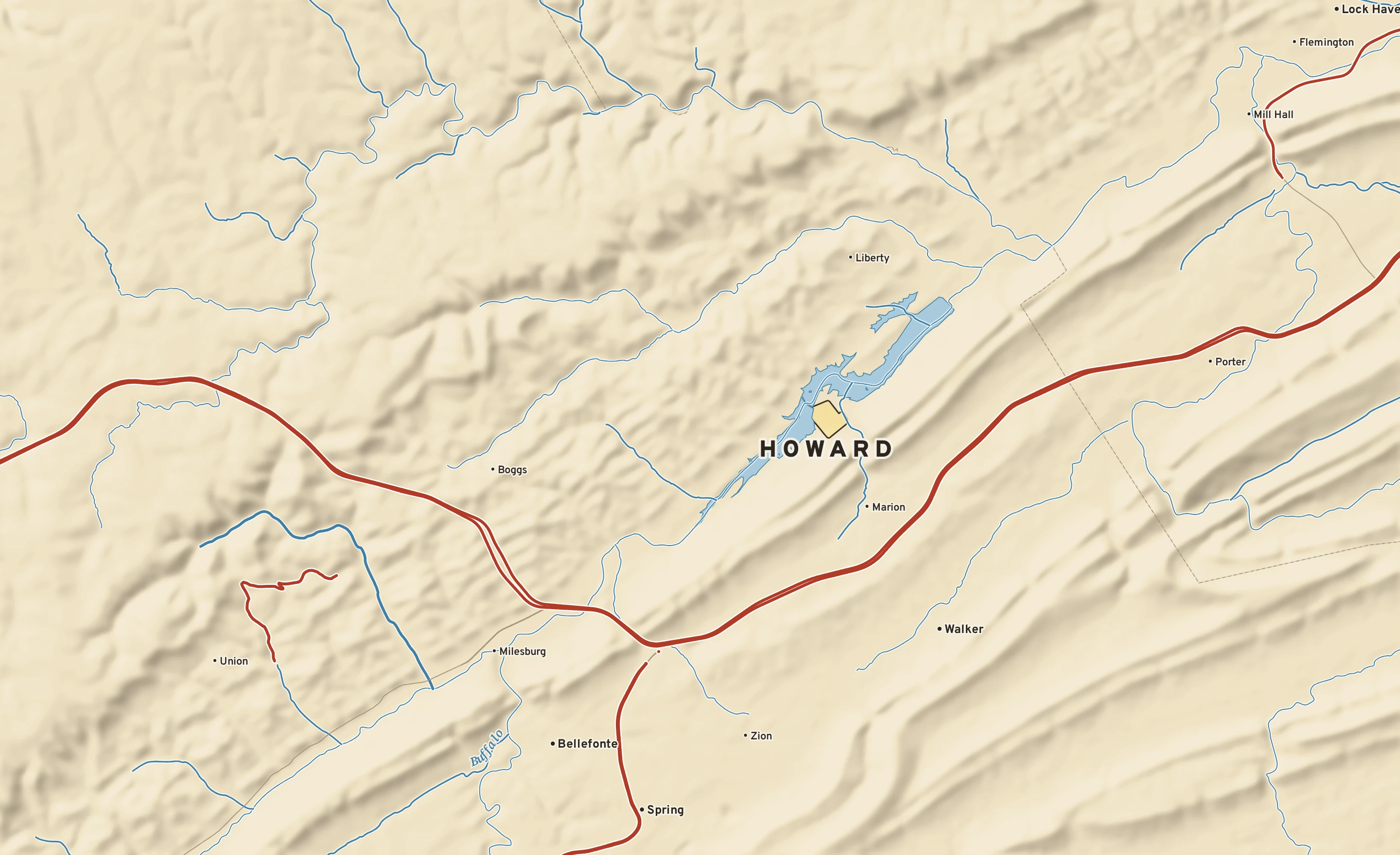Shaded-relief atlas plate of Howard, Pennsylvania: rivers, roads, the city limits and where the water drains.