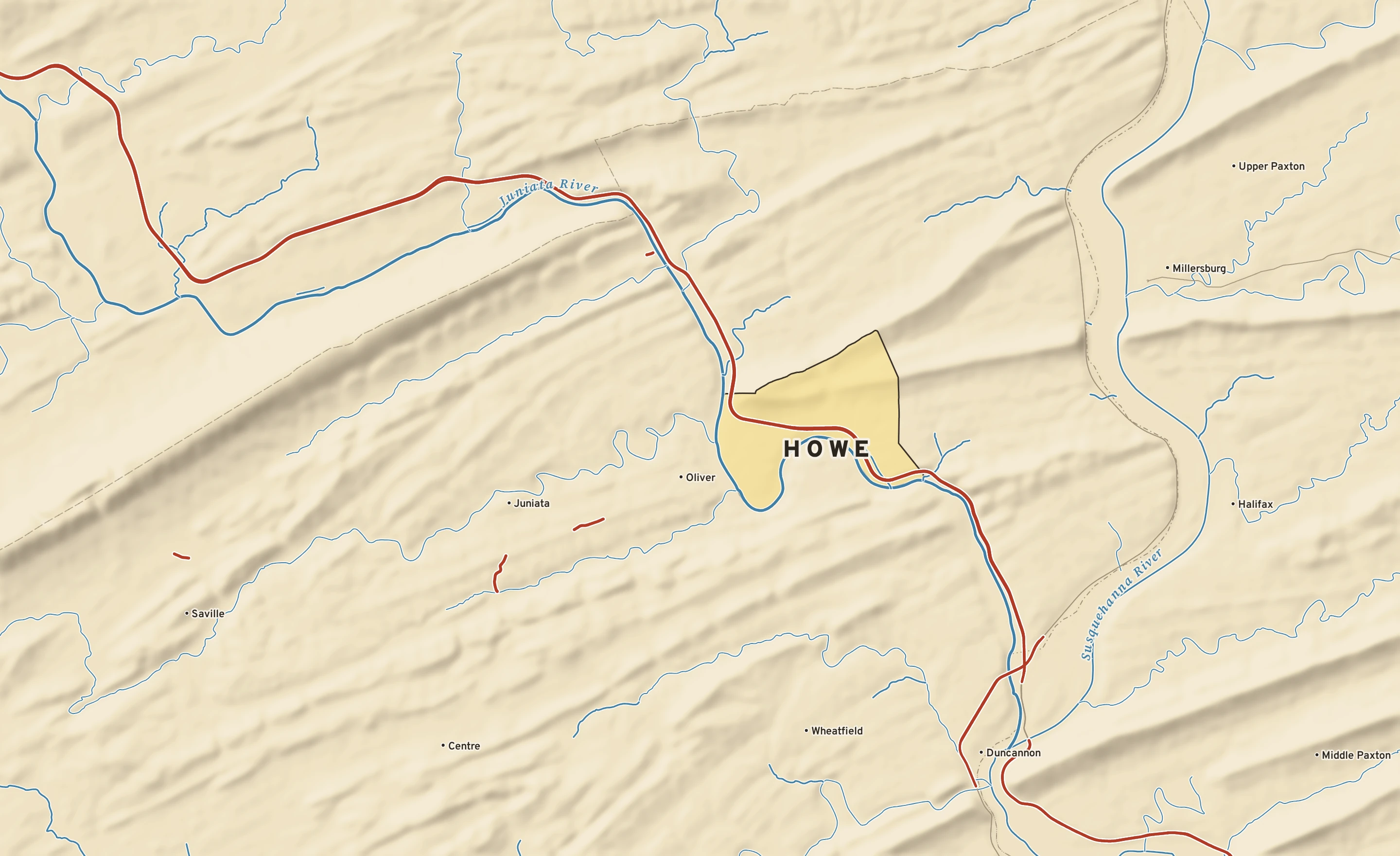 Shaded-relief atlas plate of Howe, Pennsylvania: rivers, roads, the city limits and where the water drains.