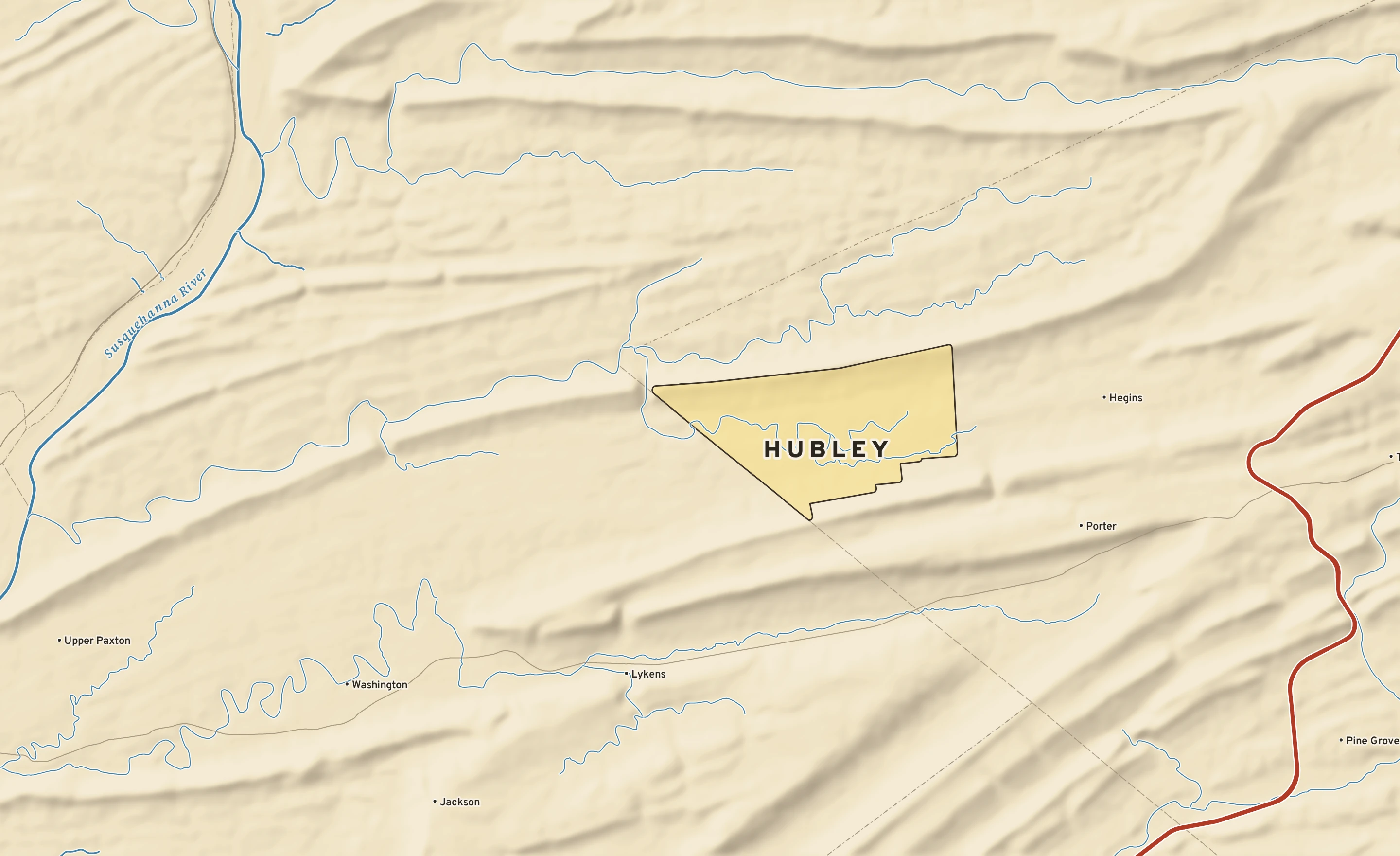 Shaded-relief atlas plate of Hubley, Pennsylvania: rivers, roads, the city limits and where the water drains.