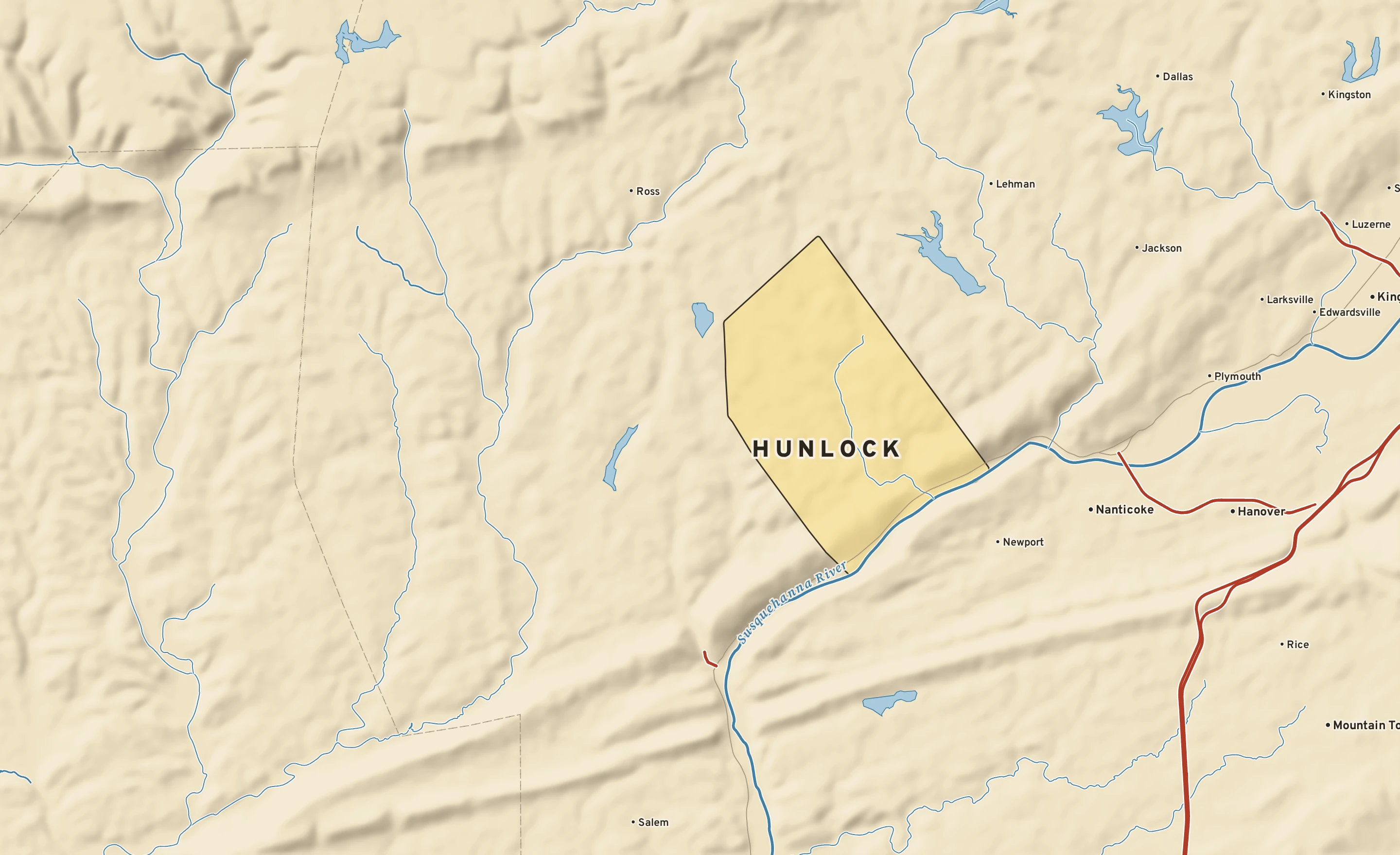 Shaded-relief atlas plate of Hunlock, Pennsylvania: rivers, roads, the city limits and where the water drains.