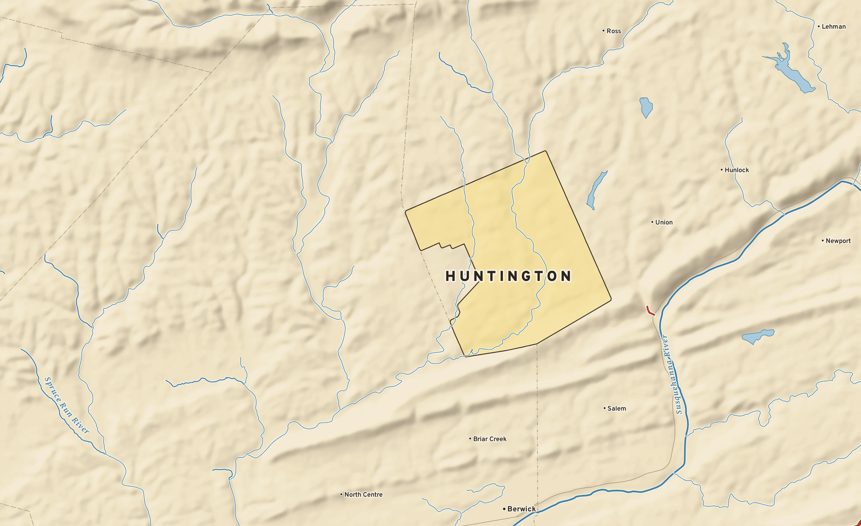 Shaded-relief atlas plate of Huntington, Pennsylvania: rivers, roads, the city limits and where the water drains.