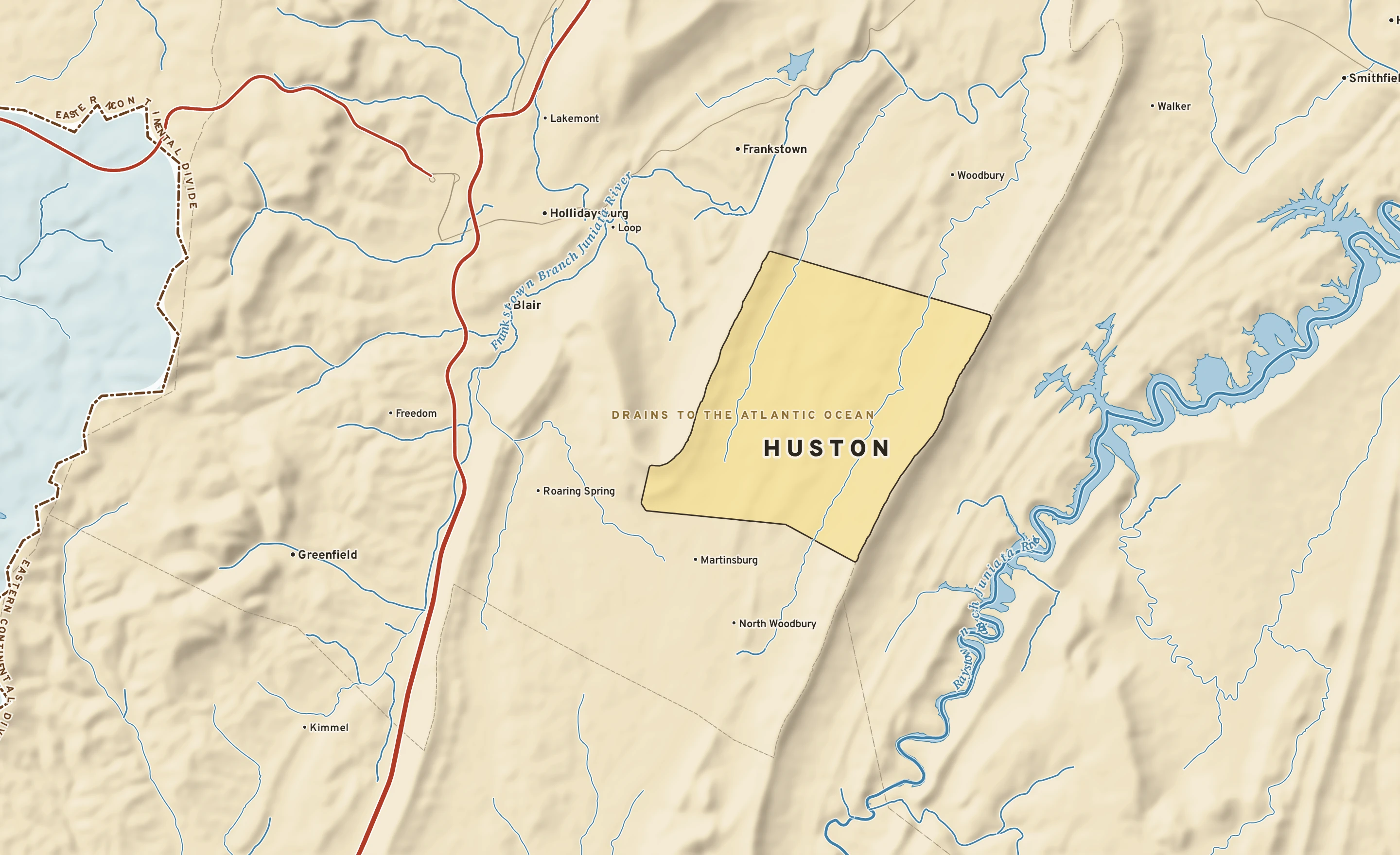 Shaded-relief atlas plate of Huston, Pennsylvania: rivers, roads, the city limits and where the water drains.