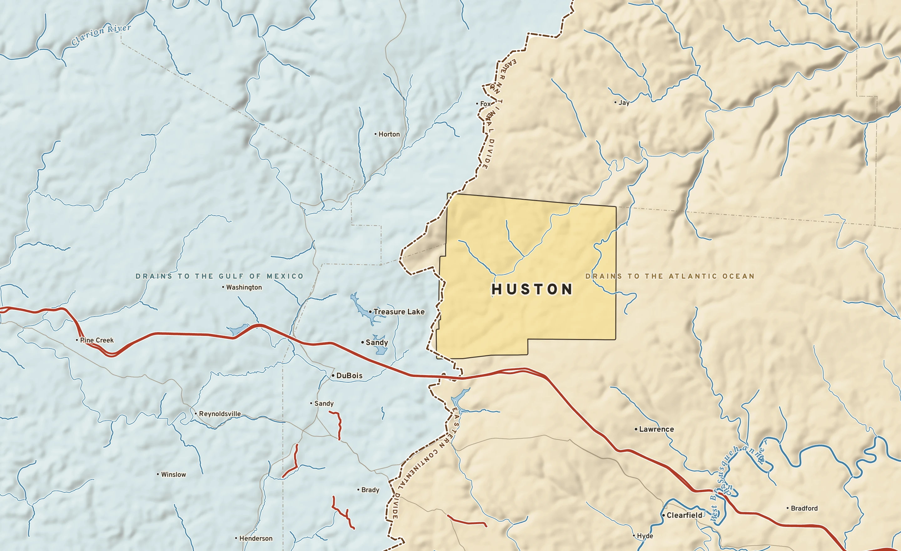 Shaded-relief atlas plate of Huston, Pennsylvania: rivers, roads, the city limits and where the water drains.