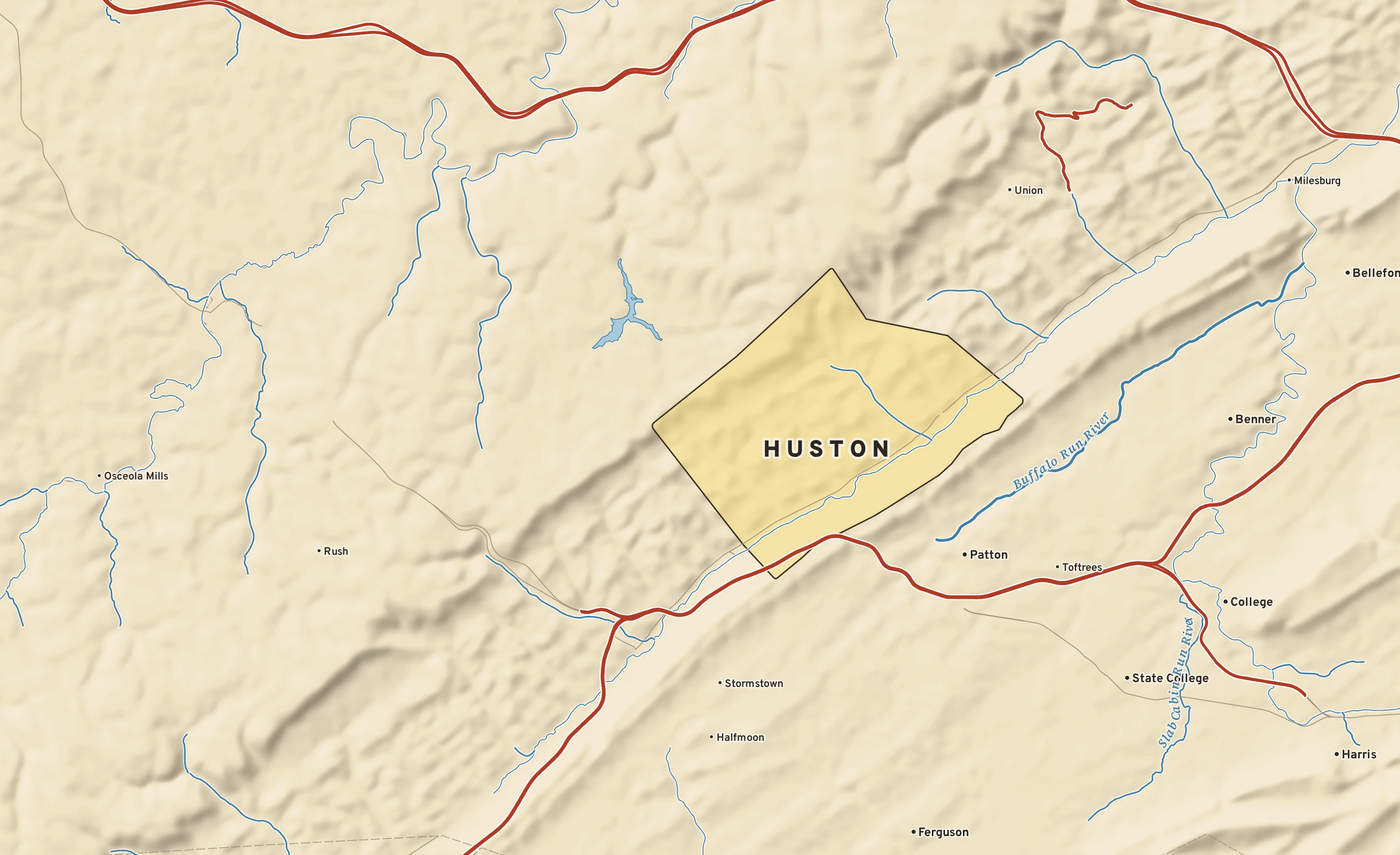 Shaded-relief atlas plate of Huston, Pennsylvania: rivers, roads, the city limits and where the water drains.