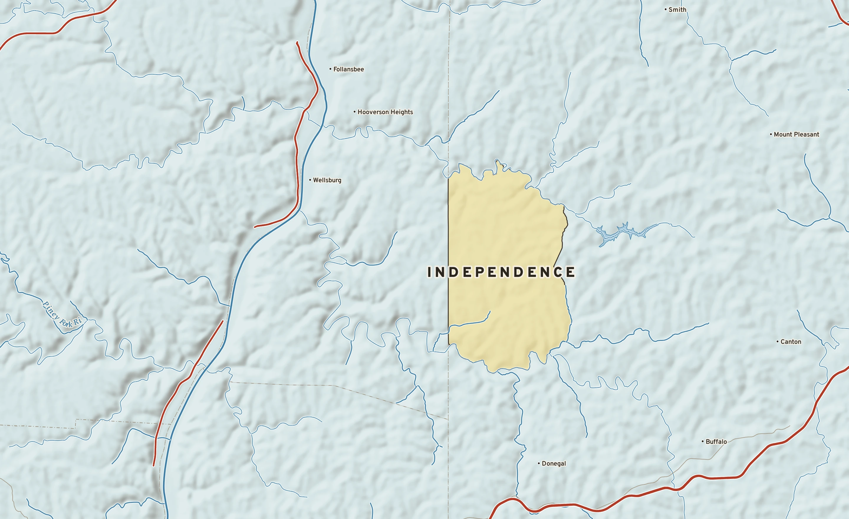 Shaded-relief atlas plate of Independence, Pennsylvania: rivers, roads, the city limits and where the water drains.